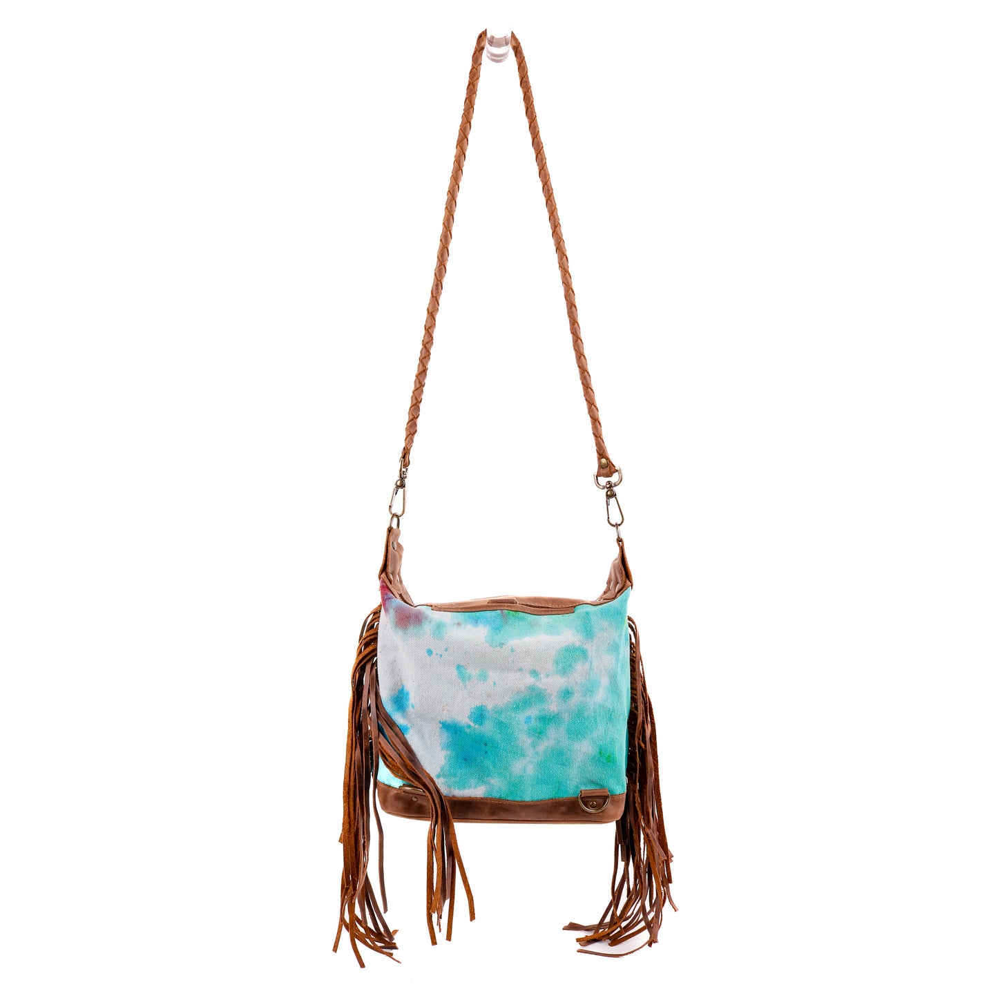 **CLOSEOUT** BEATRIZ MINI CONVERTIBLE DAY BAG WITH FRINGE - UPCYCLED DENIM - TIE DYE - CAOBA - NO. 10003