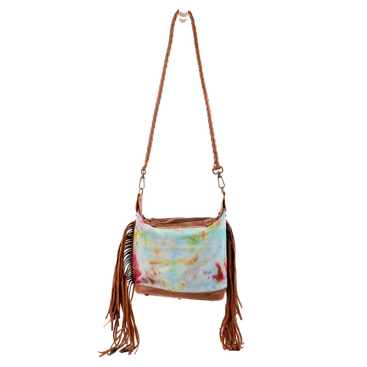 BEATRIZ MINI CONVERTIBLE DAY BAG WITH FRINGE - UPCYCLED DENIM - TIE DYE - CAOBA - NO. 10005
