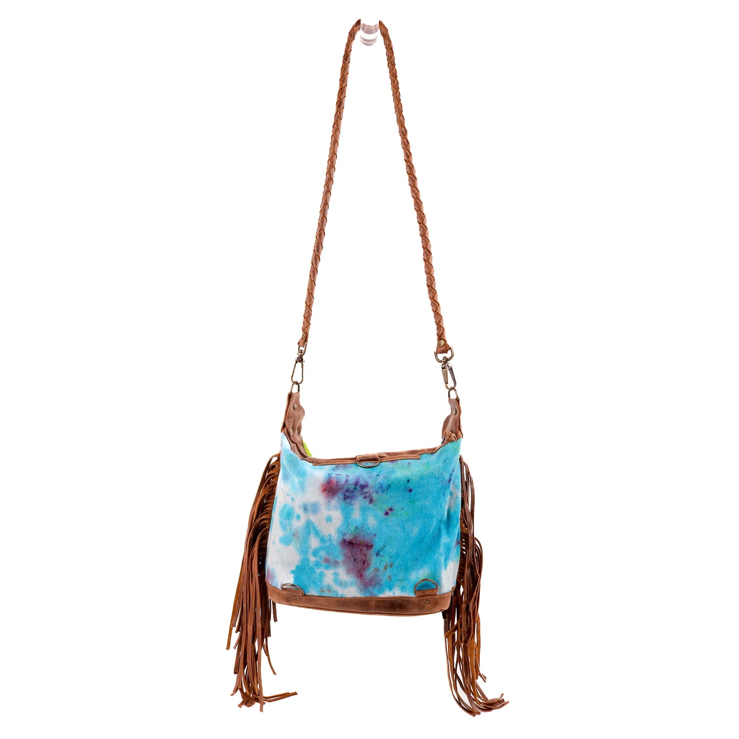 BEATRIZ MINI CONVERTIBLE DAY BAG WITH FRINGE - UPCYCLED DENIM - TIE DYE - CAOBA - NO. 10006