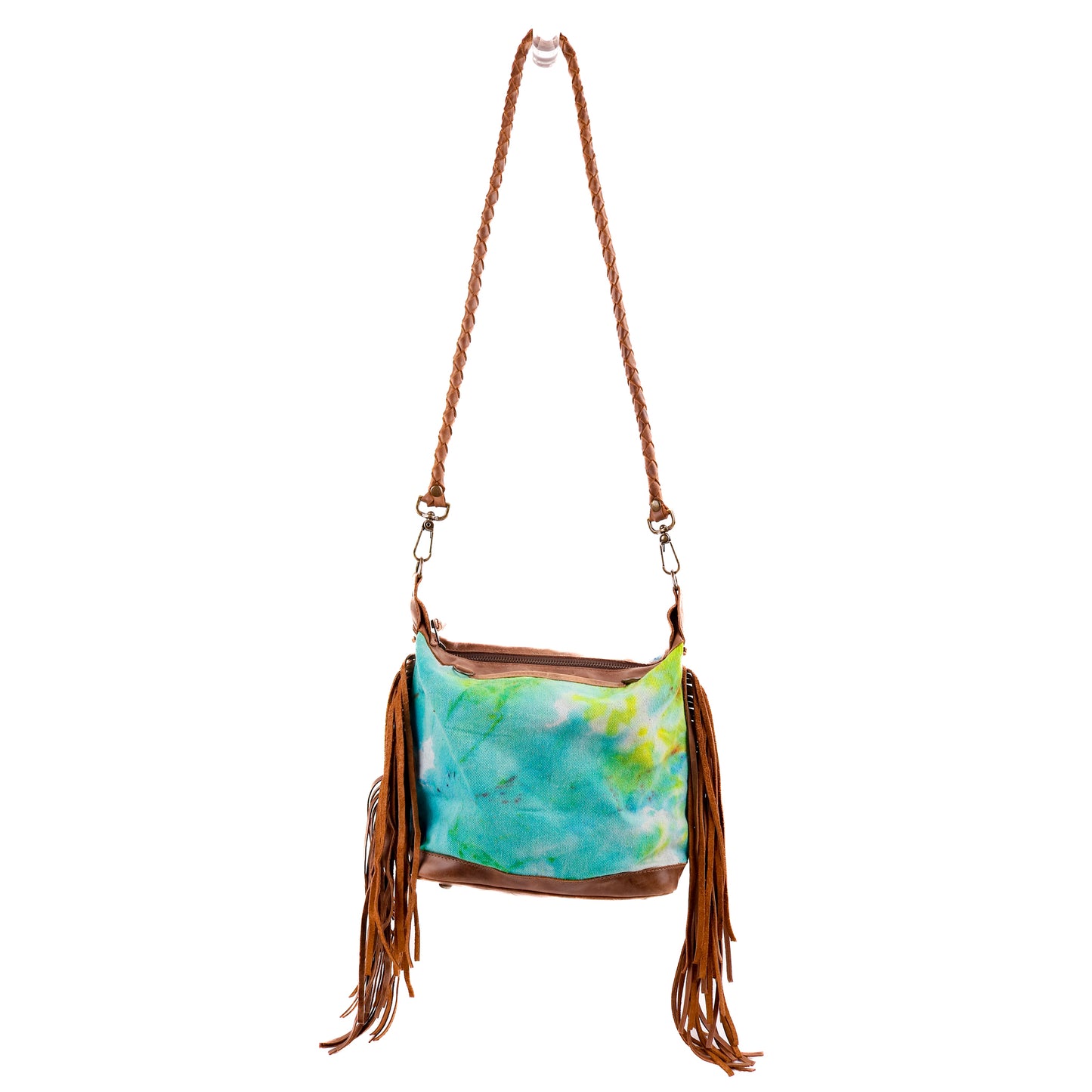 BEATRIZ MINI CONVERTIBLE DAY BAG WITH FRINGE - UPCYCLED DENIM - TIE DYE - CAOBA - NO. 10006