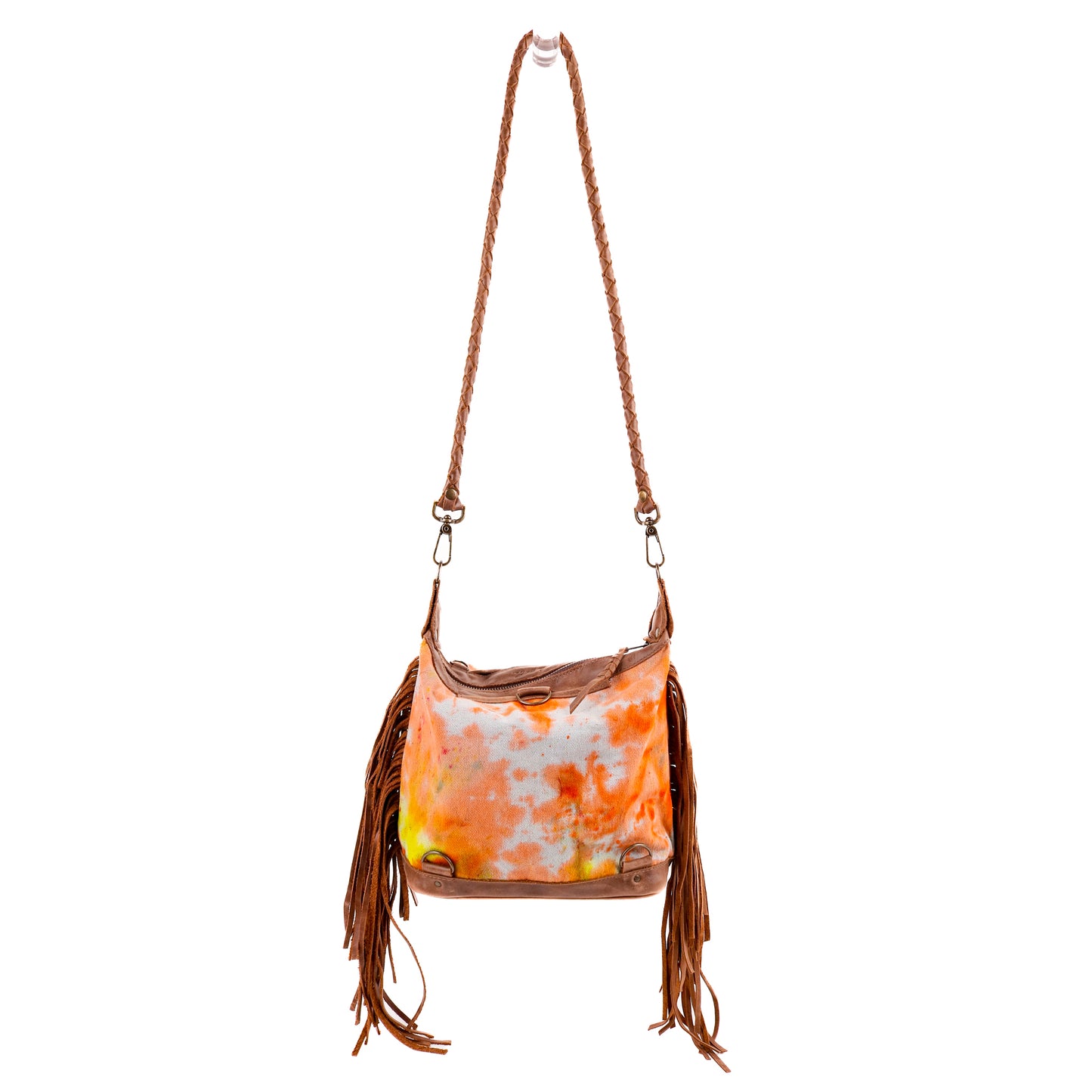 BEATRIZ MINI CONVERTIBLE DAY BAG WITH FRINGE - UPCYCLED DENIM - TIE DYE - CAOBA - NO. 10012