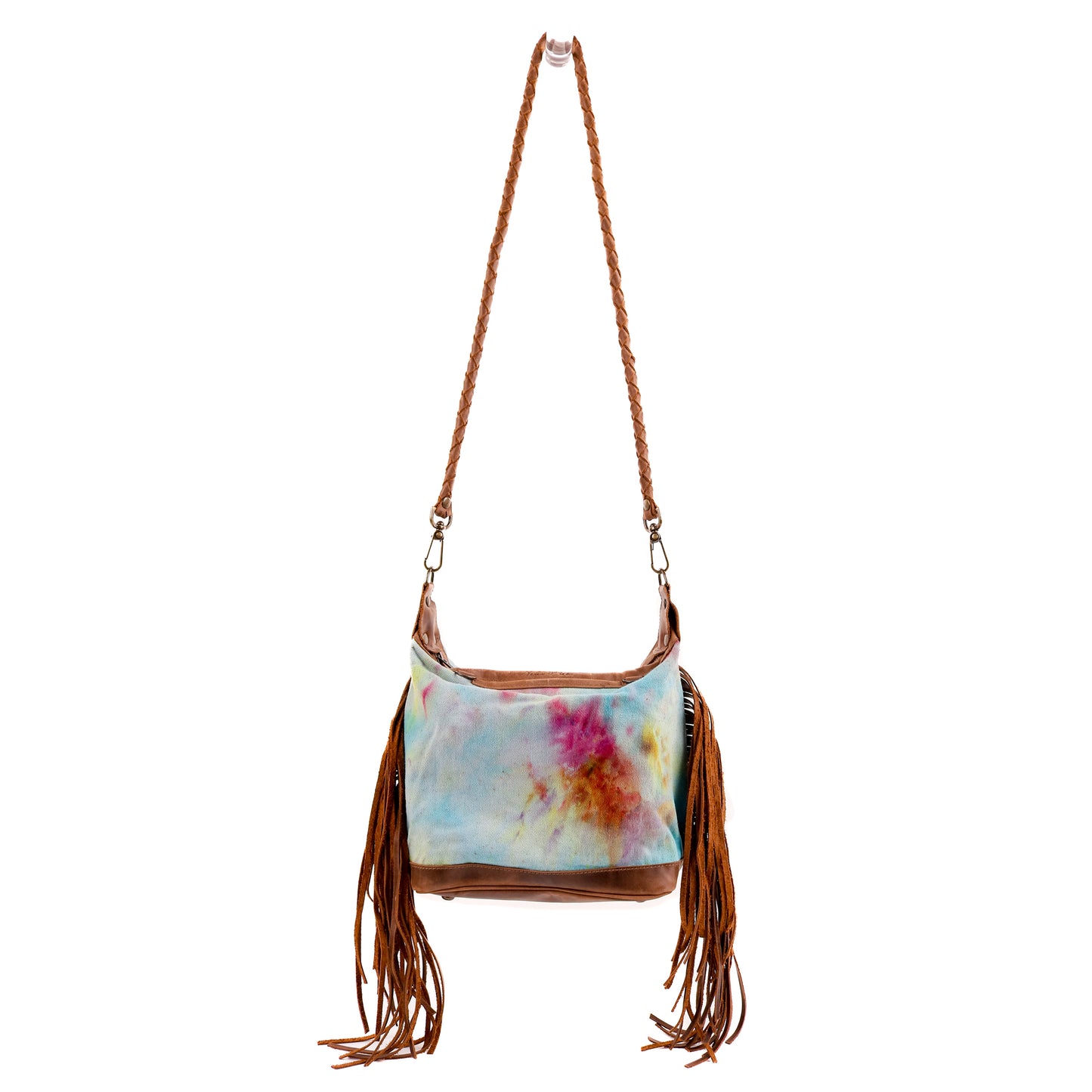 BEATRIZ MINI CONVERTIBLE DAY BAG WITH FRINGE - UPCYCLED DENIM - TIE DYE - CAOBA - NO. 10015