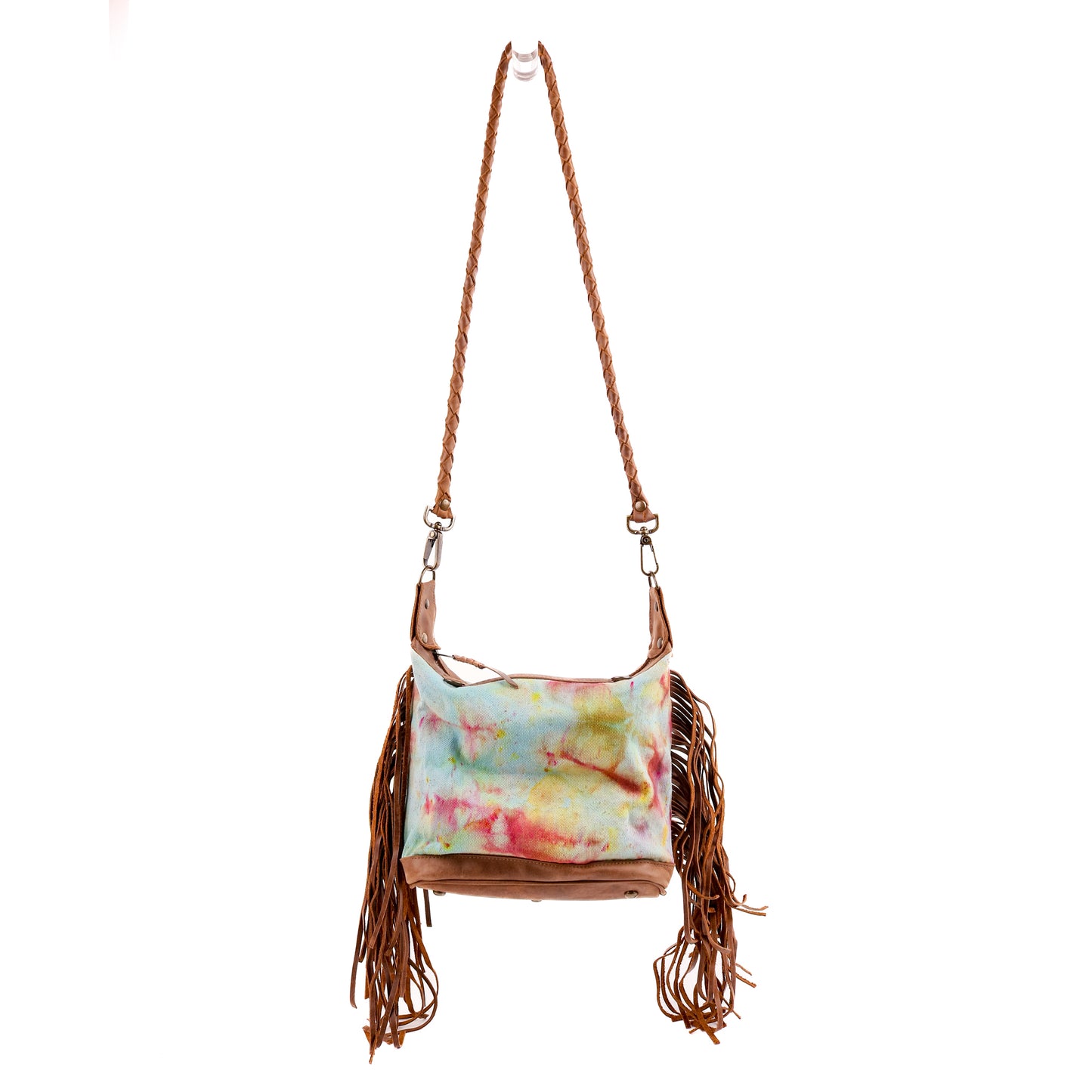 BEATRIZ MINI CONVERTIBLE DAY BAG WITH FRINGE - UPCYCLED DENIM - TIE DYE - CAOBA - NO. 10026