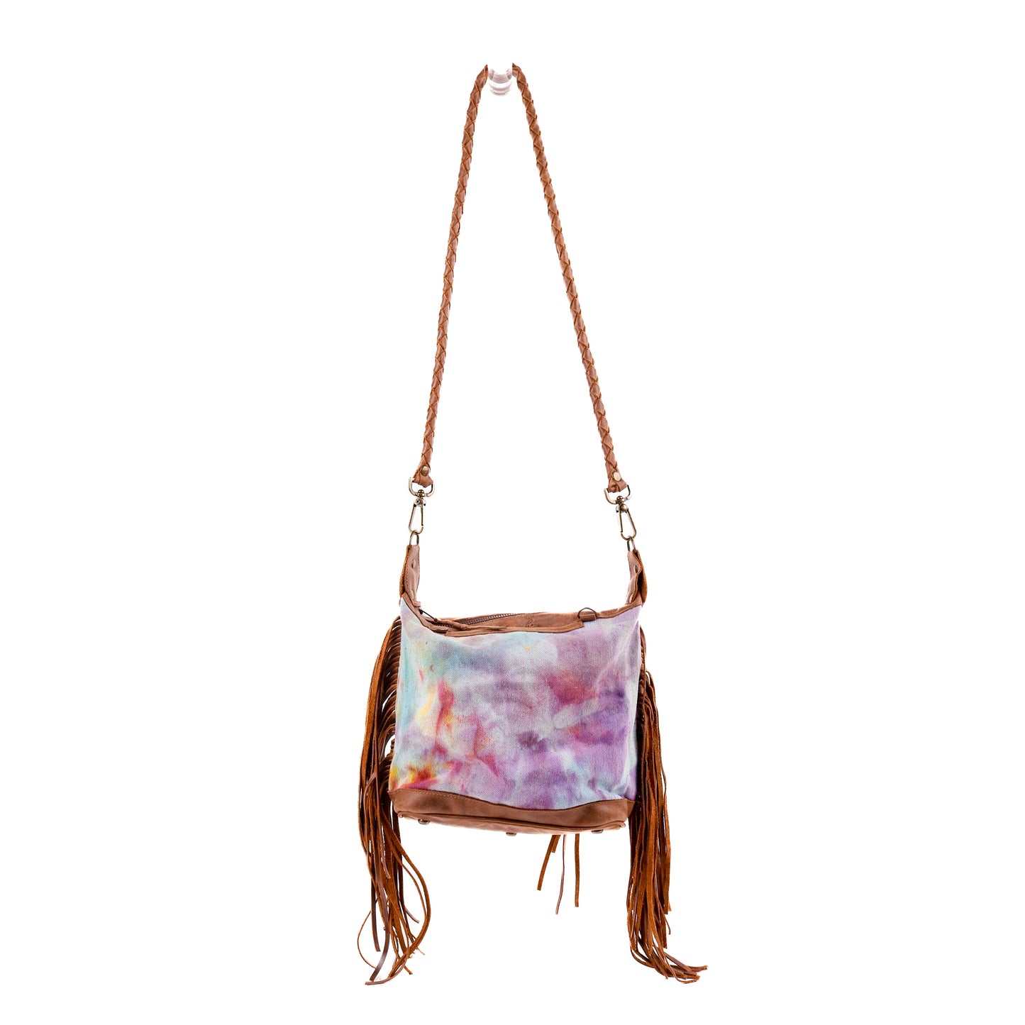 BEATRIZ MINI CONVERTIBLE DAY BAG WITH FRINGE - UPCYCLED DENIM - TIE DYE - CAOBA - NO. 10028