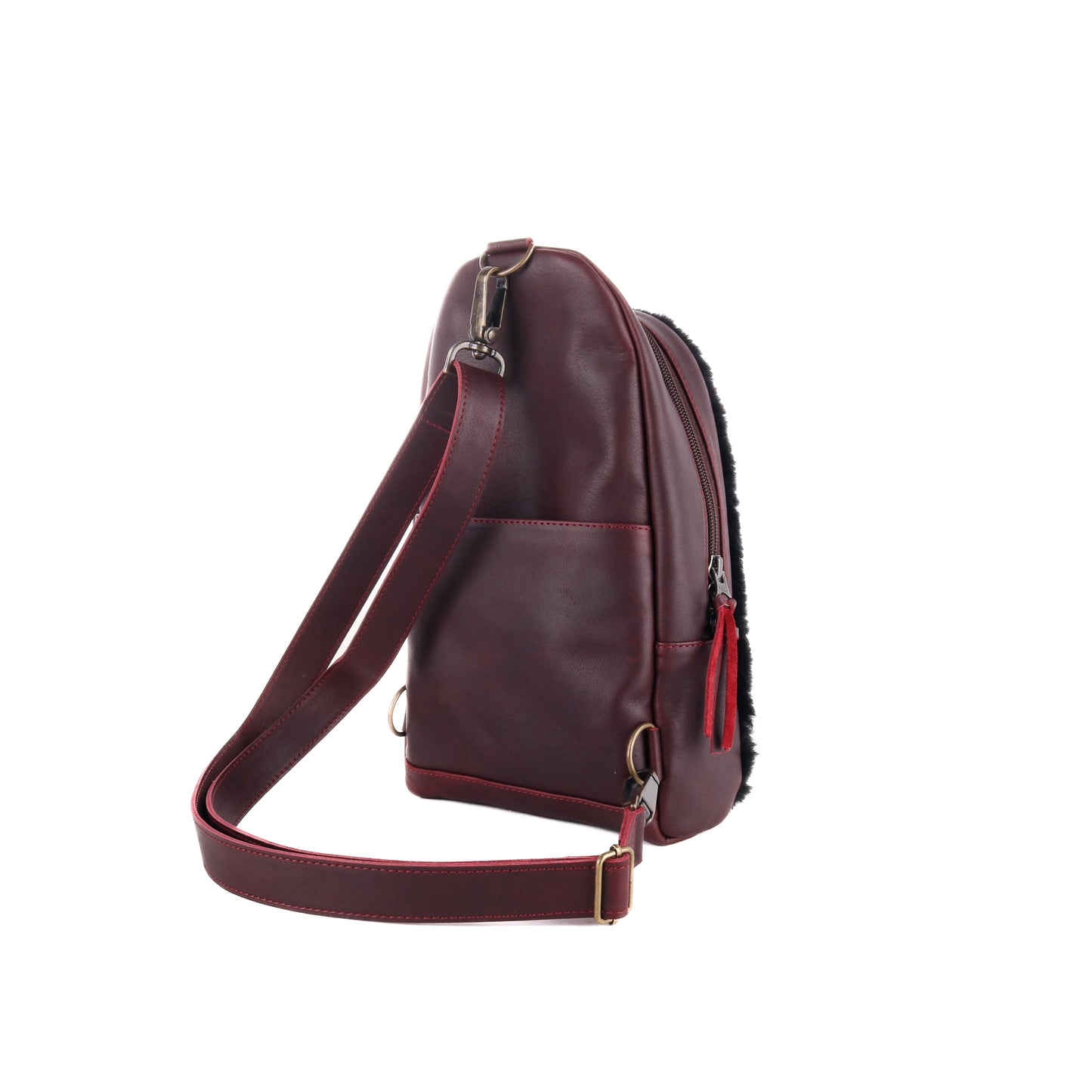 CROSSBODY SLING 2.0 - FULL LEATHER WITH SHEARLING - VINO TINTO