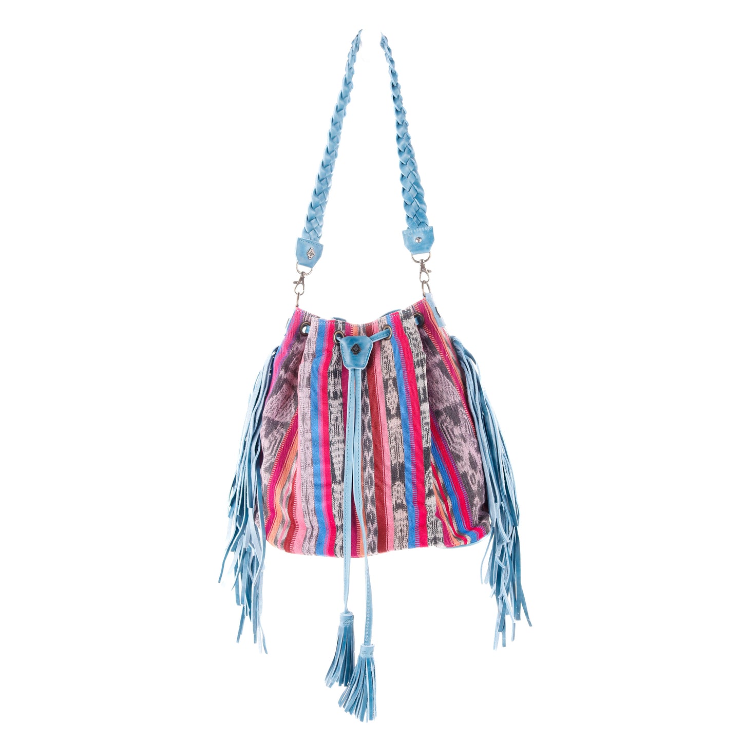 DRAWSTRING BUCKET BAG WITH FRINGE - OOAK CORTE DE PLAYA - CERULEAN - NO. 10271