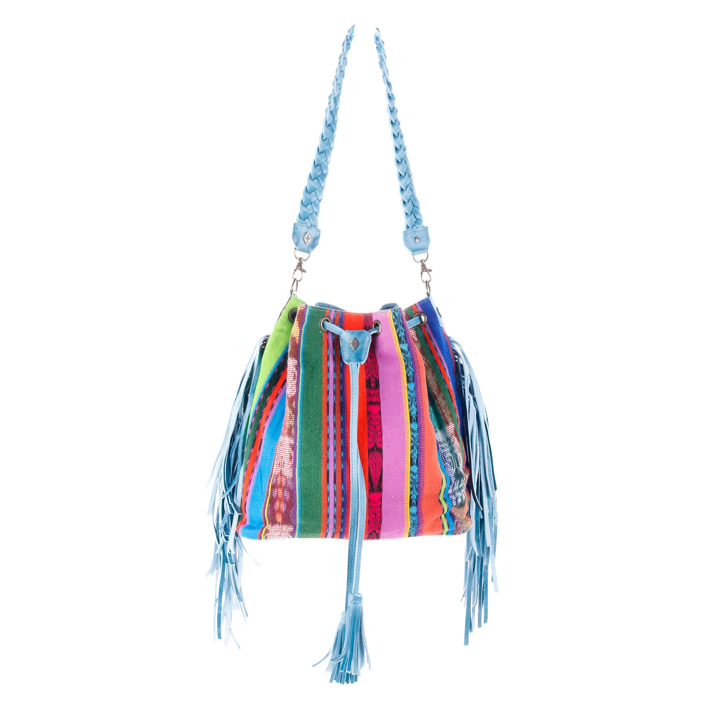 DRAWSTRING BUCKET BAG WITH FRINGE - OOAK CORTE DE PLAYA - CERULEAN - NO. 10274