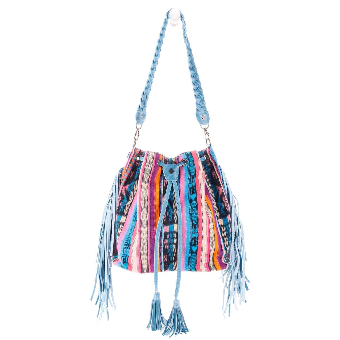 DRAWSTRING BUCKET BAG WITH FRINGE - OOAK CORTE DE PLAYA - CERULEAN - NO. 10279