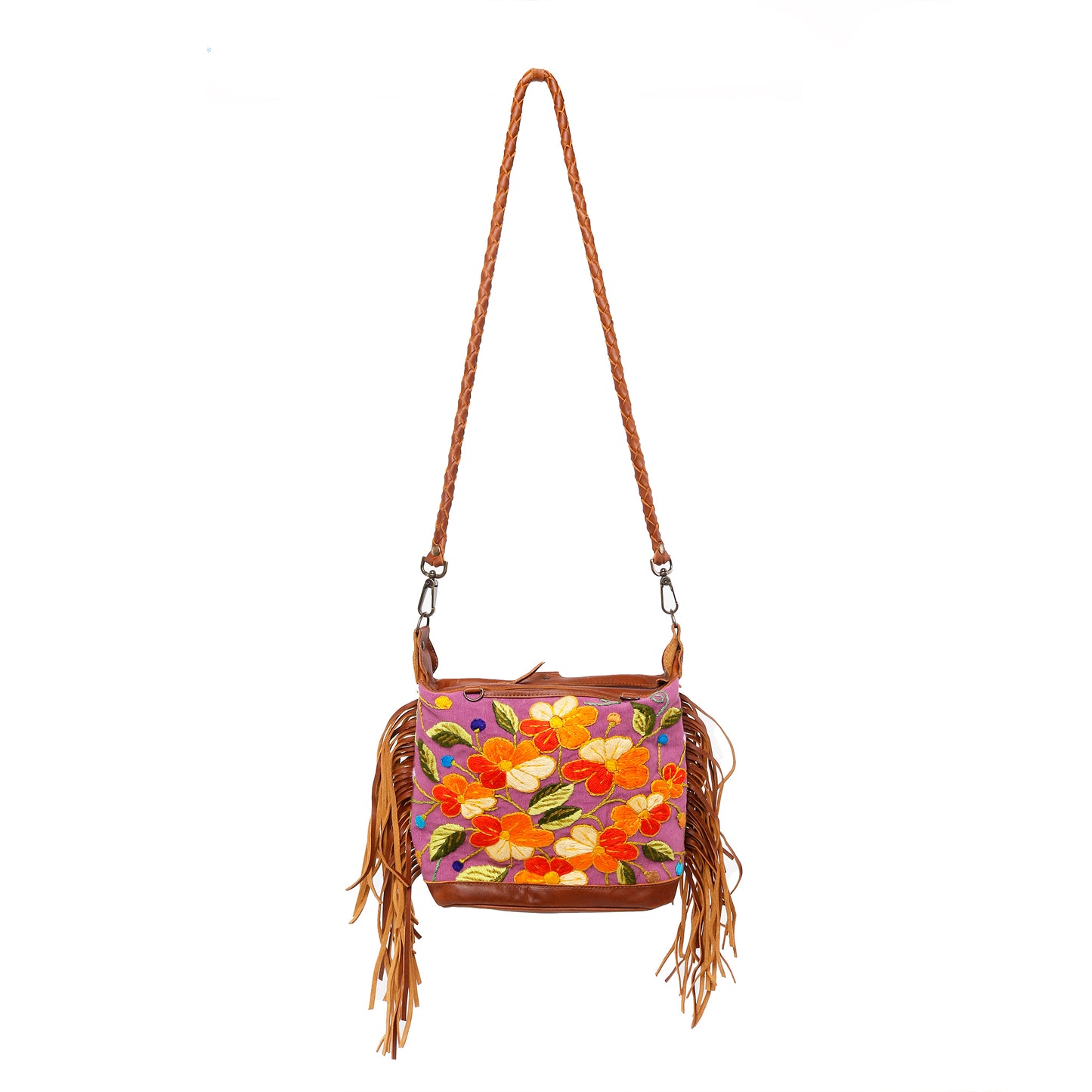 H&S BEATRIZ MINI CDB WITH FRINGE - OOAK EMBROIDERED BLOOMS - CAFE - NO. 12428