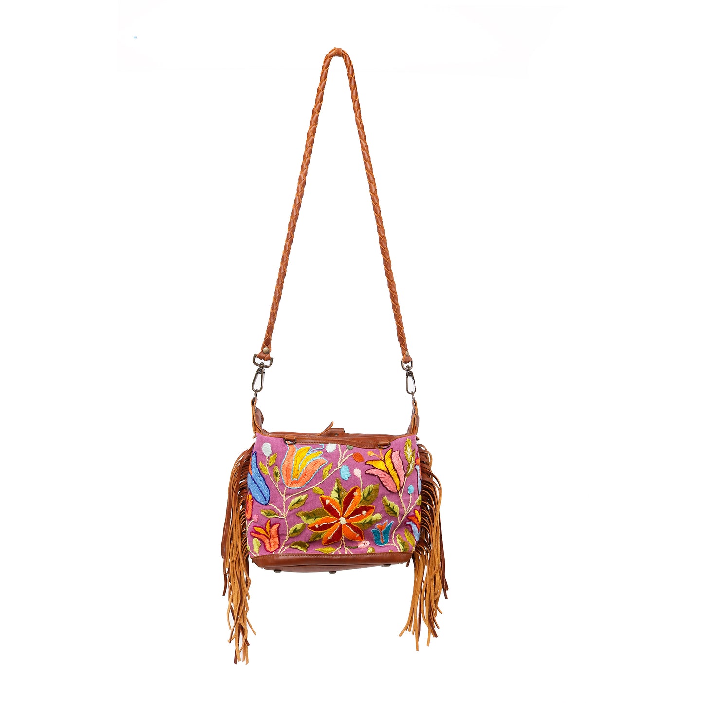 H&S BEATRIZ MINI CDB WITH FRINGE - OOAK EMBROIDERED BLOOMS - CAFE - NO. 12429