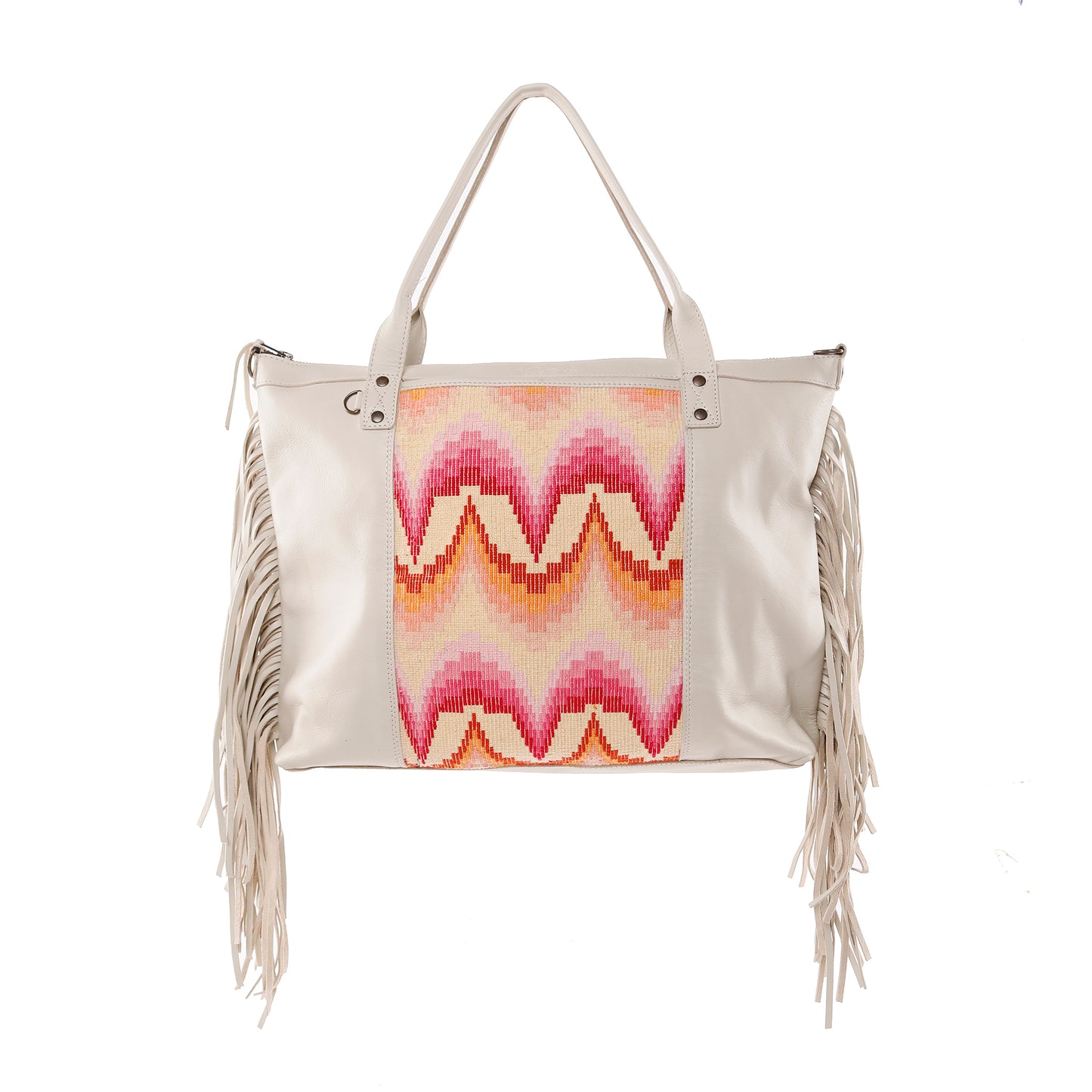 H&S PERFECT FRINGE TOTE - OOAK PANEL - BONE - NO. 12838