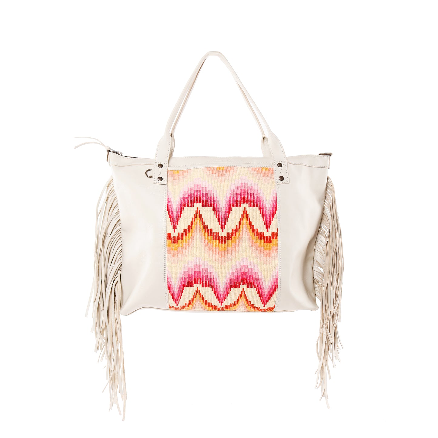 H&S PERFECT FRINGE TOTE - OOAK PANEL - BONE - NO. 12840