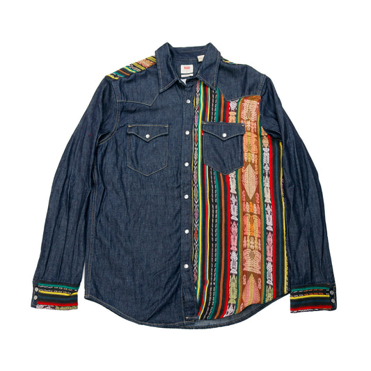 DENIM SHIRT WITH ARTISAN TEXTILE DETAILS - SIZE M - NO. 15346