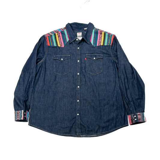 DENIM SHIRT WITH ARTISAN TEXTILE DETAILS - SIZE XXL - NO. 15357