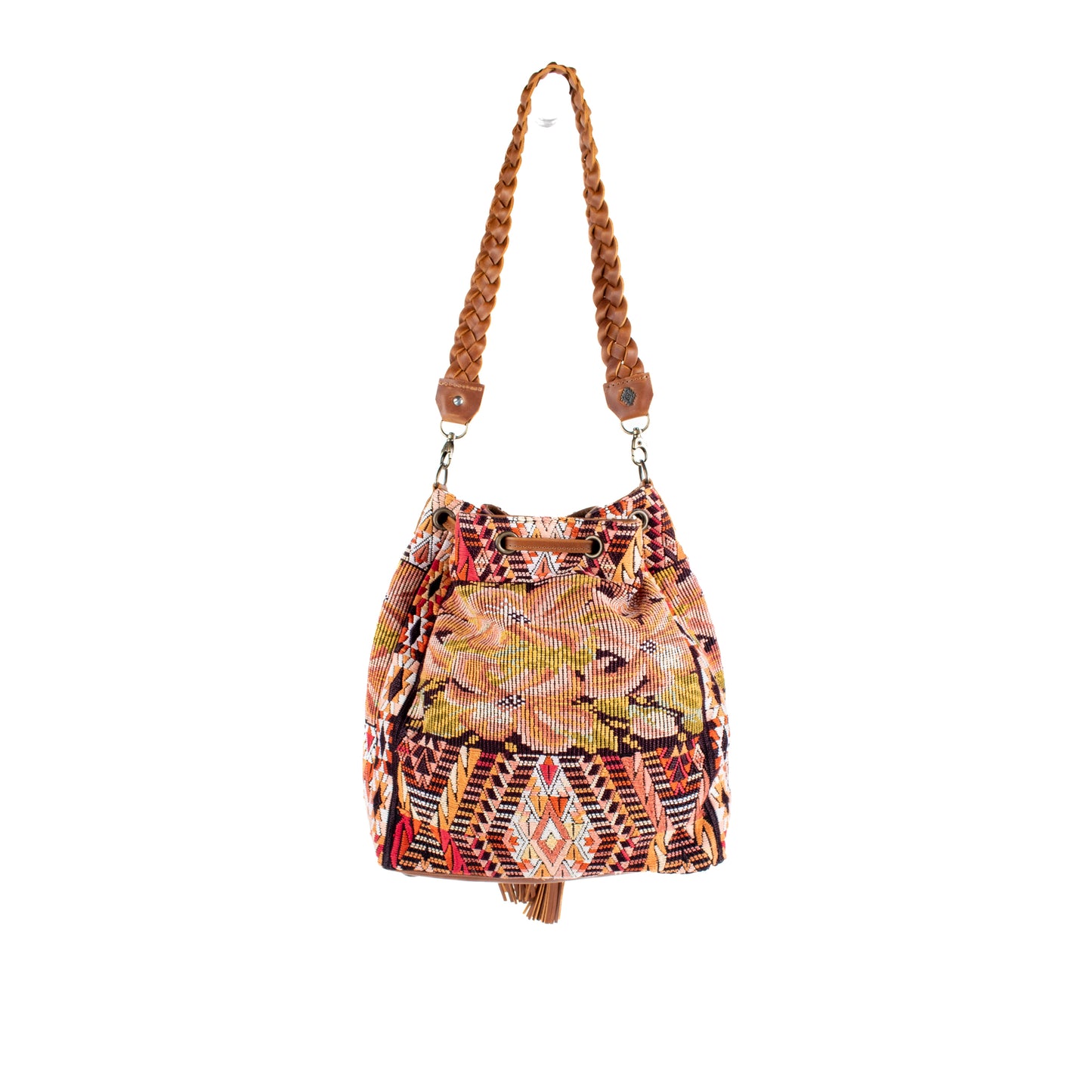 DRAWSTRING BUCKET BAG - OOAK HUIPIL - CAFE - NO. 16443