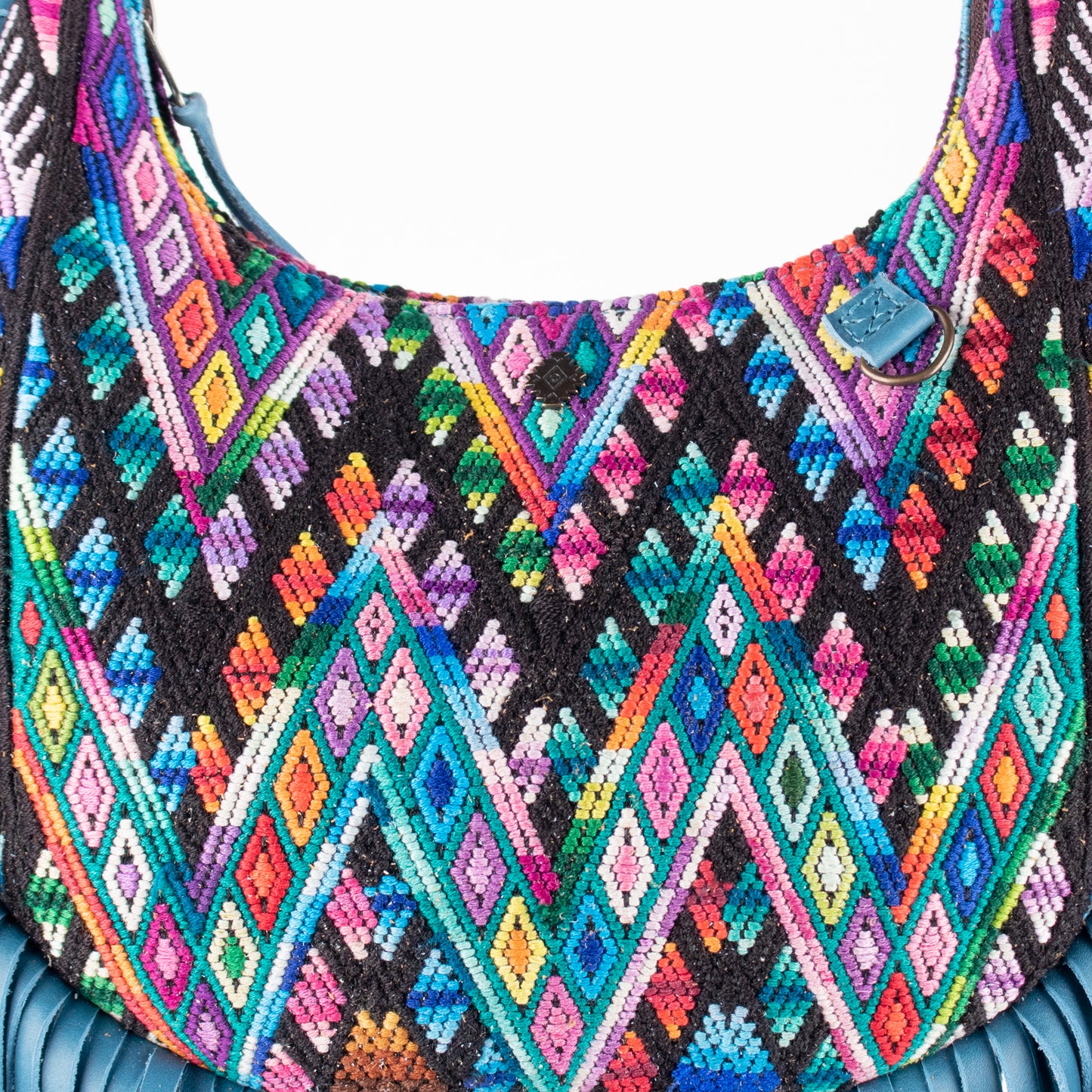 SMALL BOHO FRINGE SADDLE BAG - OOAK HUIPIL - CERULEAN - NO. 17037