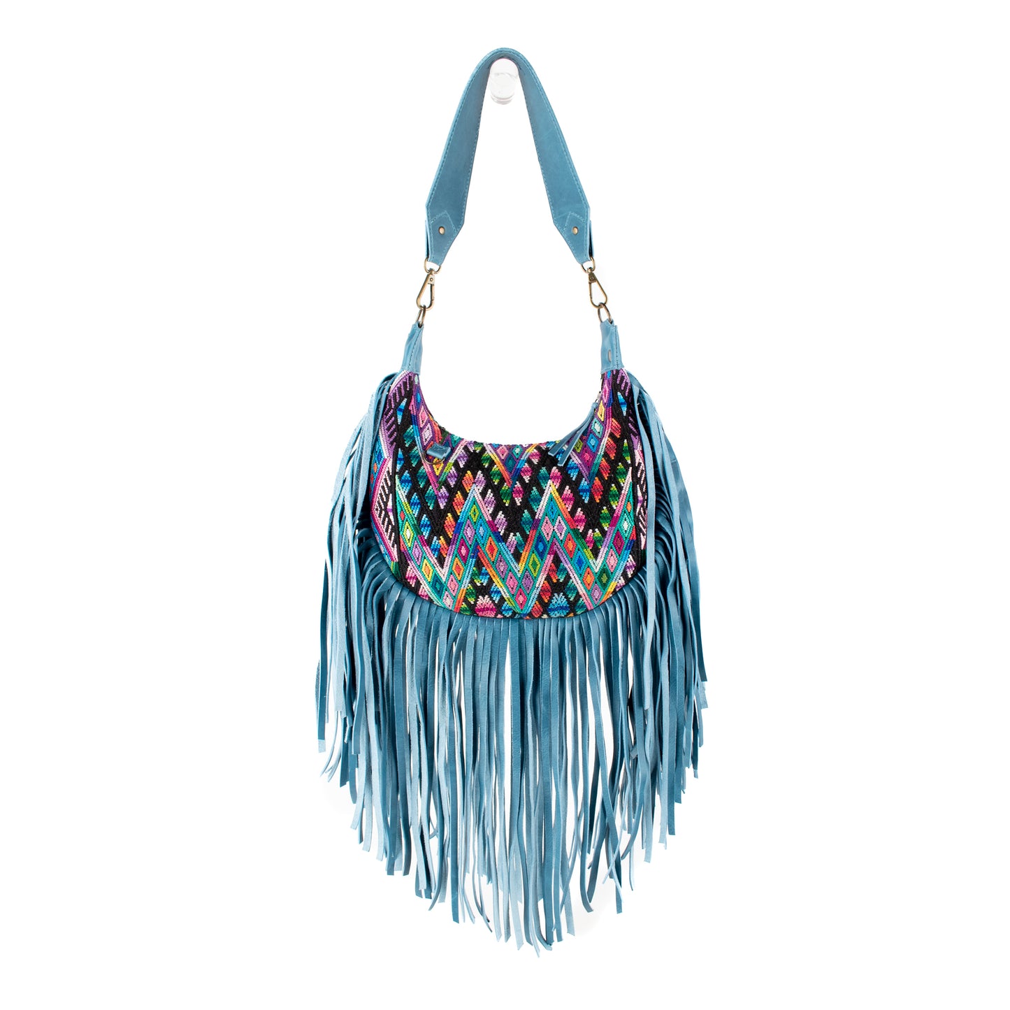 SMALL BOHO FRINGE SADDLE BAG - OOAK HUIPIL - CERULEAN - NO. 17037