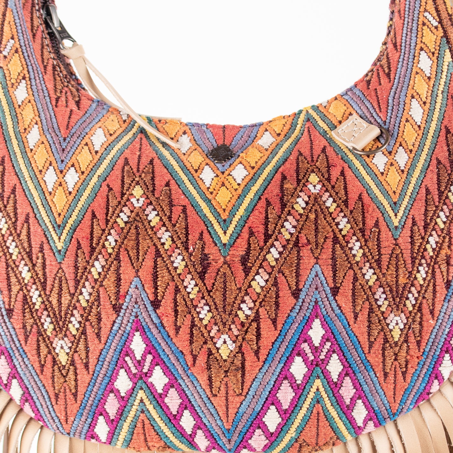 SMALL BOHO FRINGE SADDLE BAG - OOAK HUIPIL - LATTE - NO. 17038