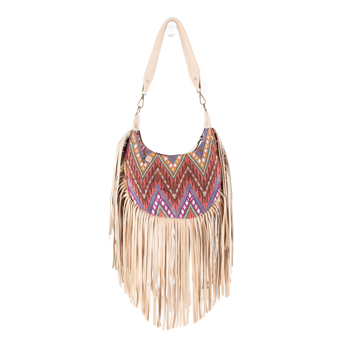 SMALL BOHO FRINGE SADDLE BAG - OOAK HUIPIL - LATTE - NO. 17038