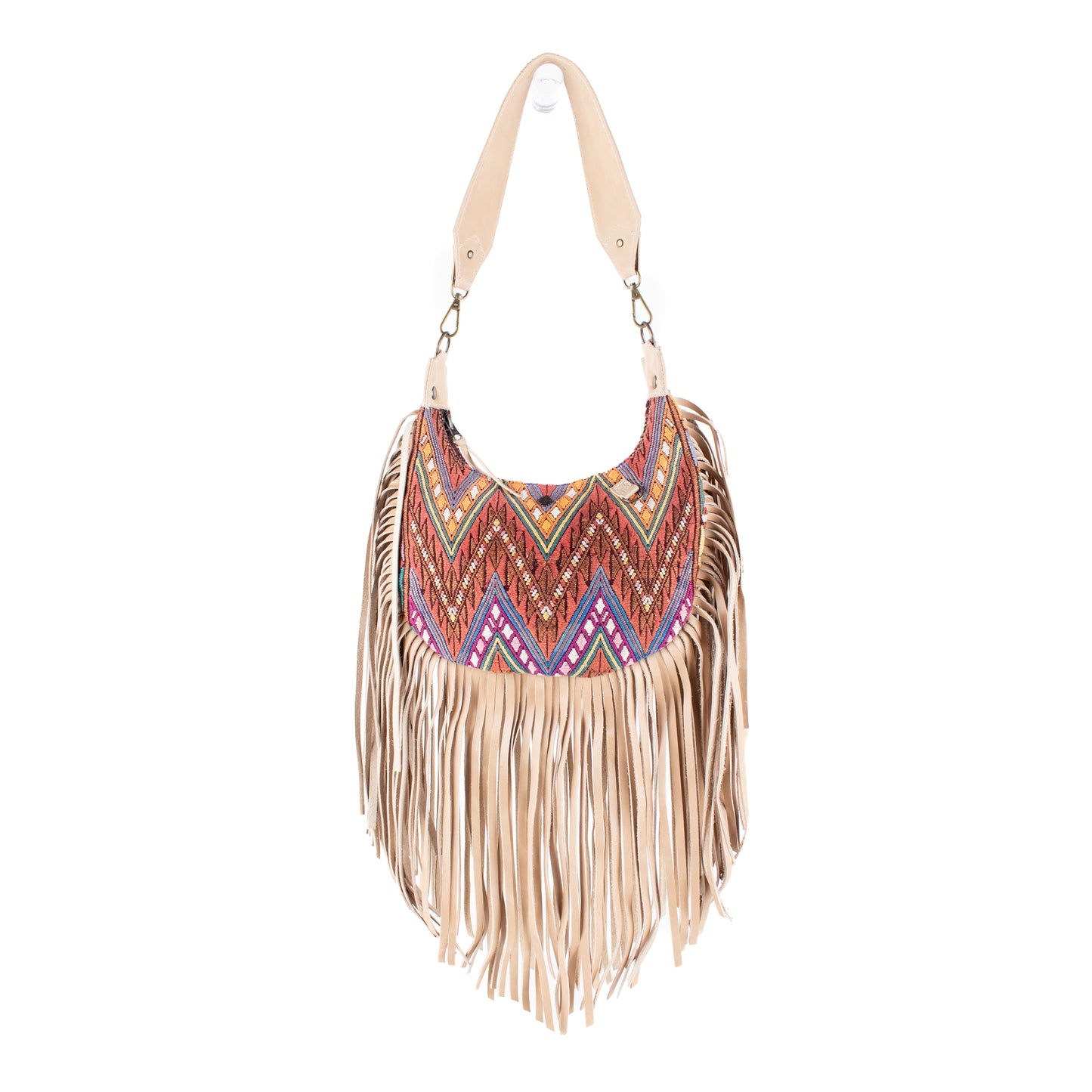 SMALL BOHO FRINGE SADDLE BAG - OOAK HUIPIL - LATTE - NO. 17038