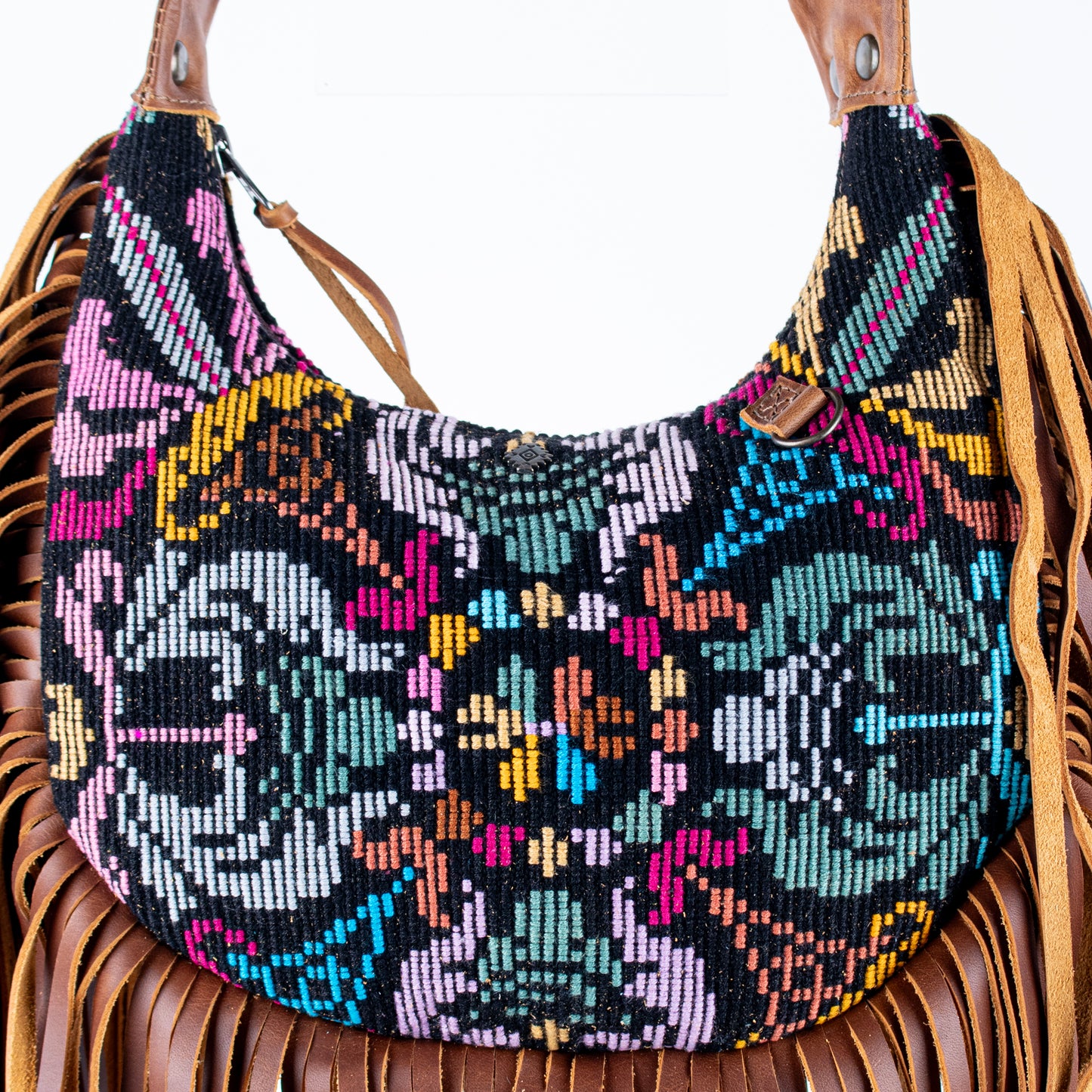 SMALL BOHO FRINGE SADDLE BAG - OOAK HUIPIL - CAFE - NO. 17133