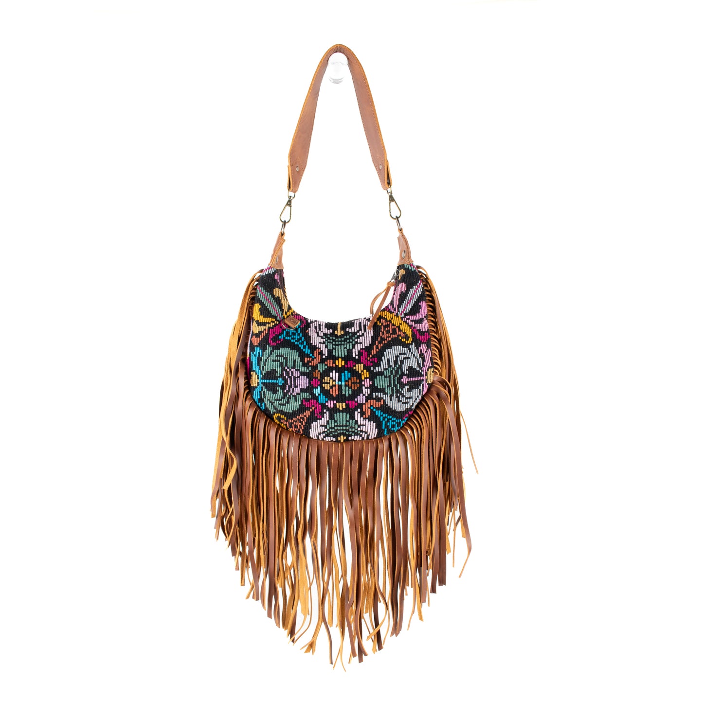 SMALL BOHO FRINGE SADDLE BAG - OOAK HUIPIL - CAFE - NO. 17133