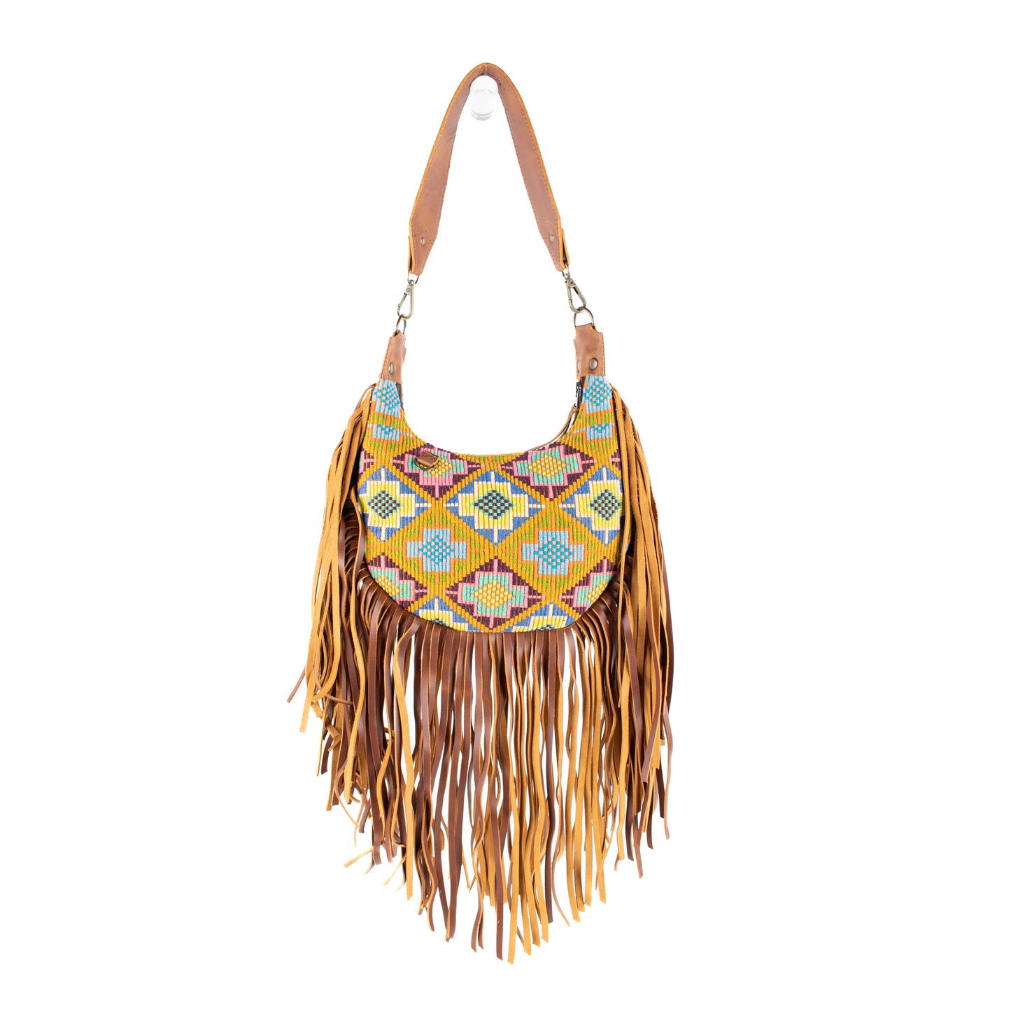 SMALL BOHO FRINGE SADDLE BAG - OOAK HUIPIL - CAFE - NO. 17134