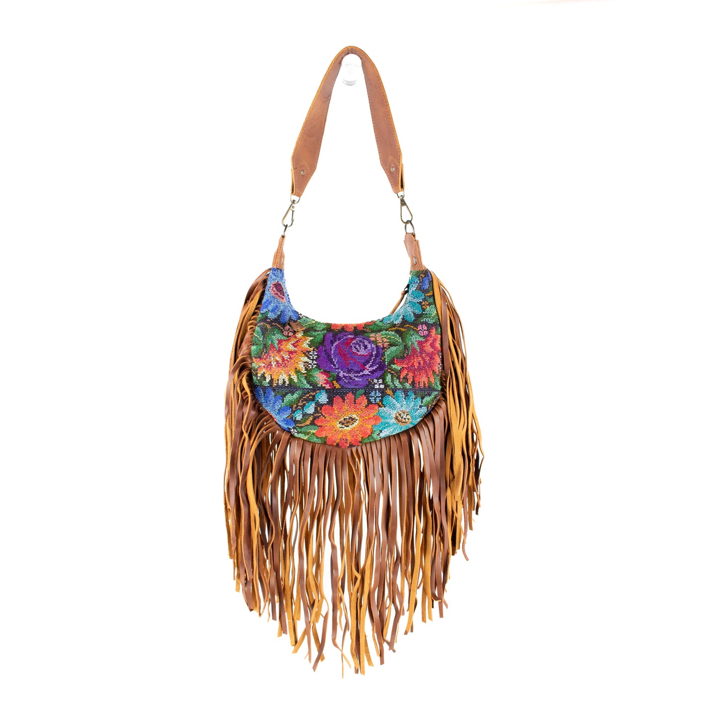 SMALL BOHO FRINGE SADDLE BAG - OOAK HUIPIL - CAFE - NO. 17136