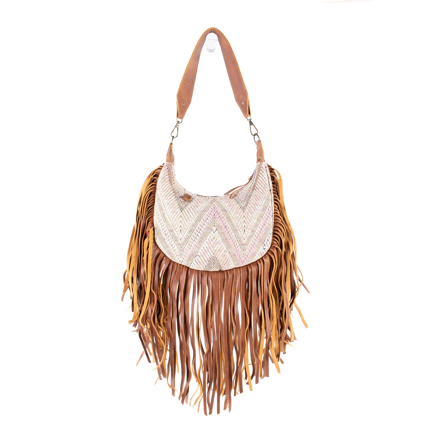 SMALL BOHO FRINGE SADDLE BAG - OOAK HUIPIL - CAFE - NO. 17137