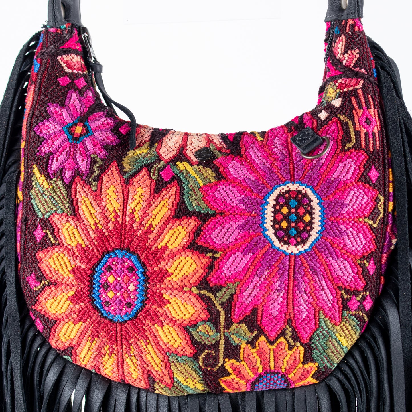 SMALL BOHO FRINGE SADDLE BAG - OOAK HUIPIL - BLACK - NO. 17142