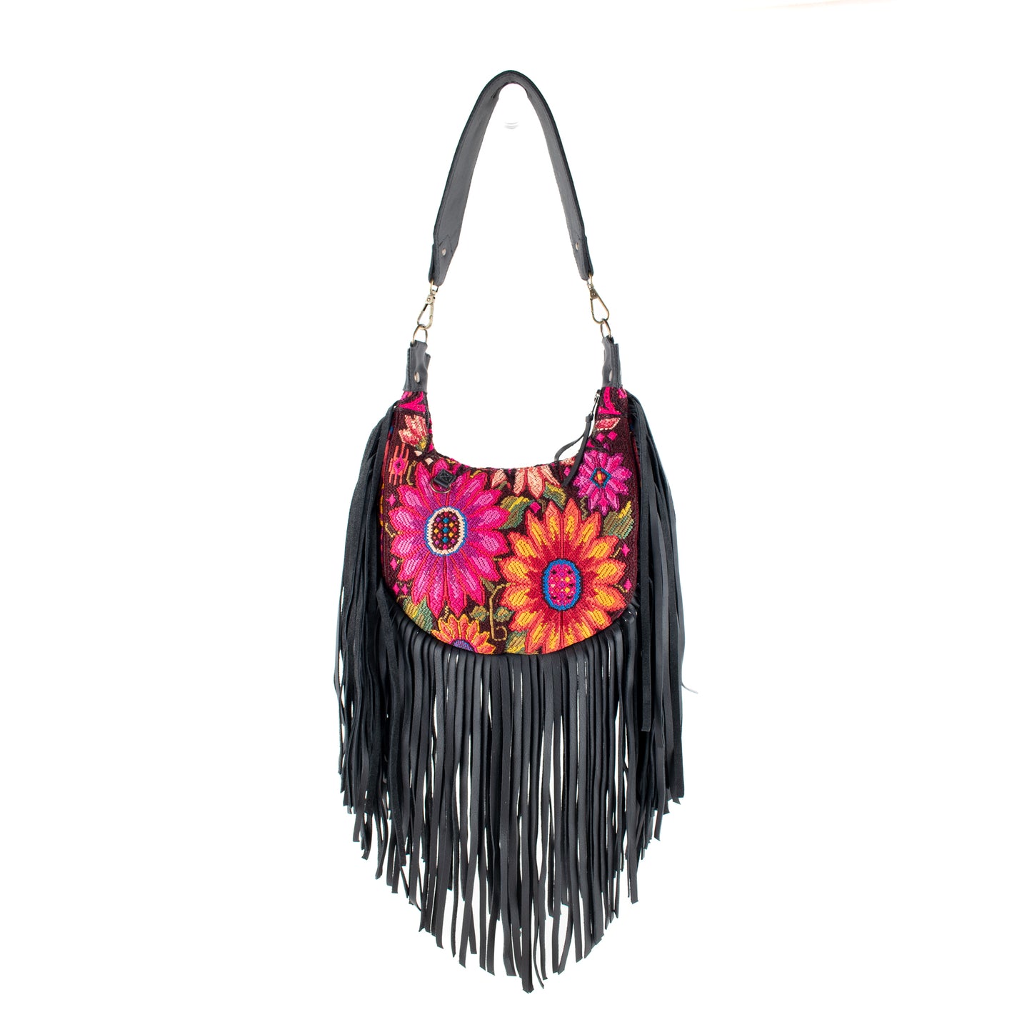 SMALL BOHO FRINGE SADDLE BAG - OOAK HUIPIL - BLACK - NO. 17142