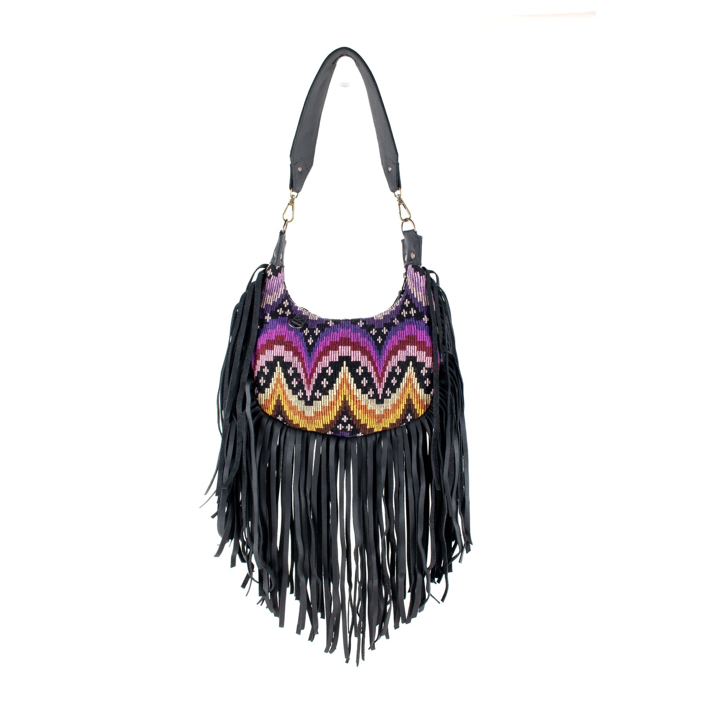 SMALL BOHO FRINGE SADDLE BAG - OOAK HUIPIL - BLACK - NO. 17143
