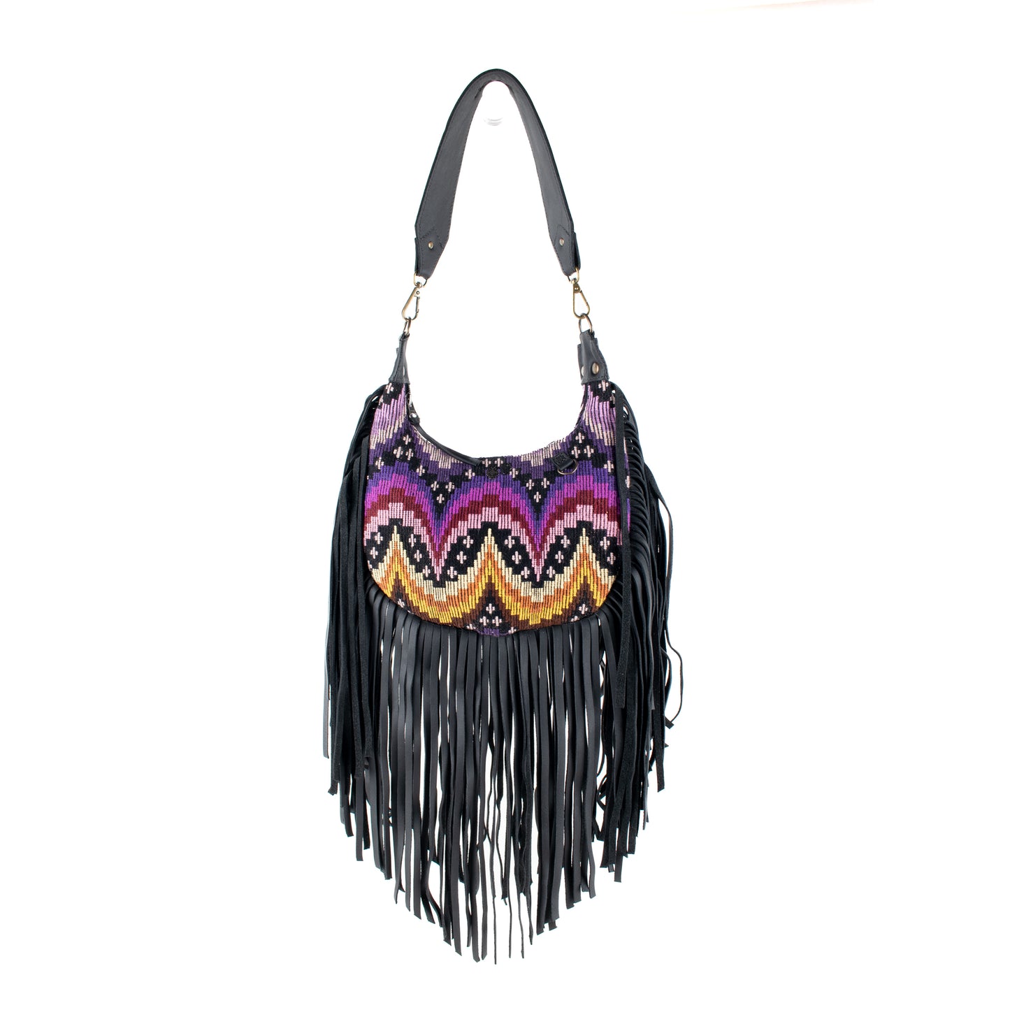 SMALL BOHO FRINGE SADDLE BAG - OOAK HUIPIL - BLACK - NO. 17143
