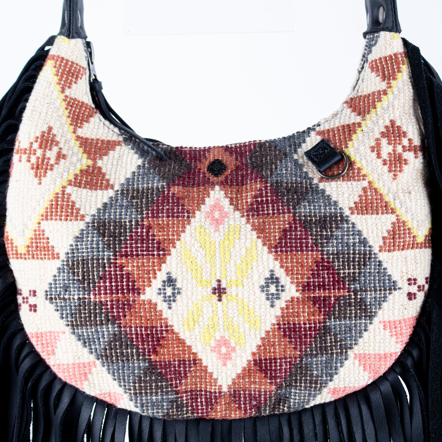 SMALL BOHO FRINGE SADDLE BAG - OOAK HUIPIL - BLACK - NO. 17145