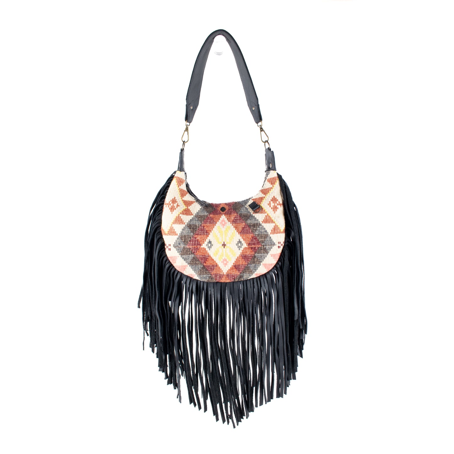 SMALL BOHO FRINGE SADDLE BAG - OOAK HUIPIL - BLACK - NO. 17145