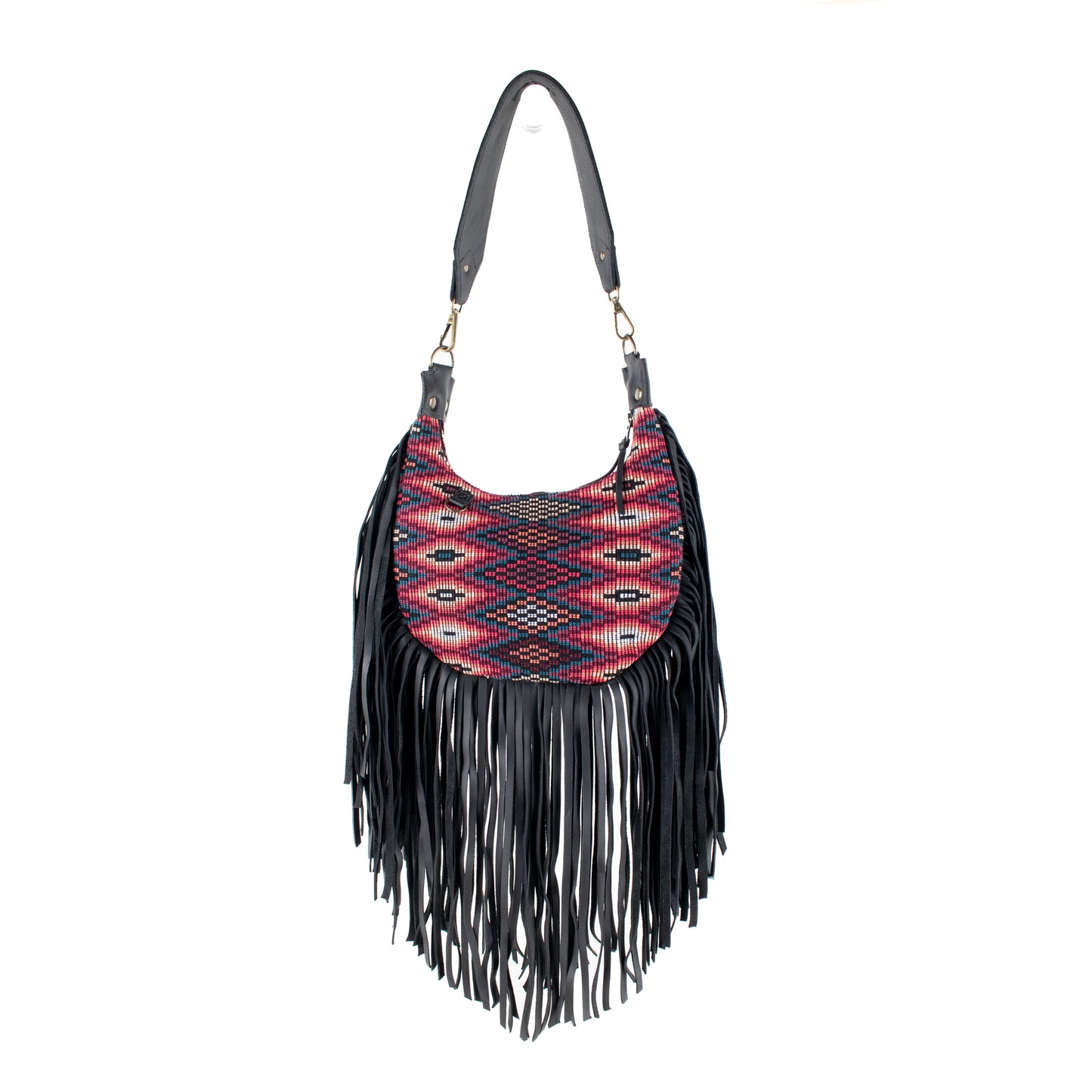SMALL BOHO FRINGE SADDLE BAG - OOAK HUIPIL - BLACK - NO. 17146