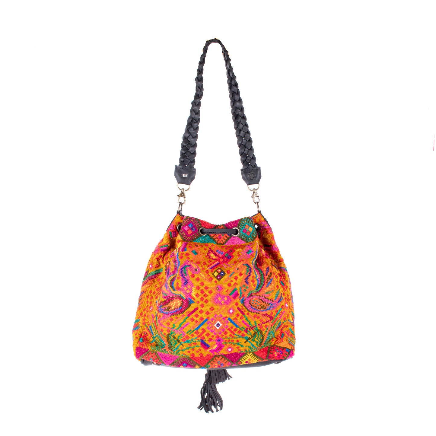DRAWSTRING BUCKET BAG - OOAK HUIPIL - BLACK - NO. 17863