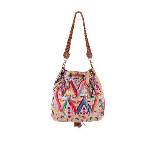 DRAWSTRING BUCKET BAG - OOAK HUIPIL - CAFE - NO. 17994