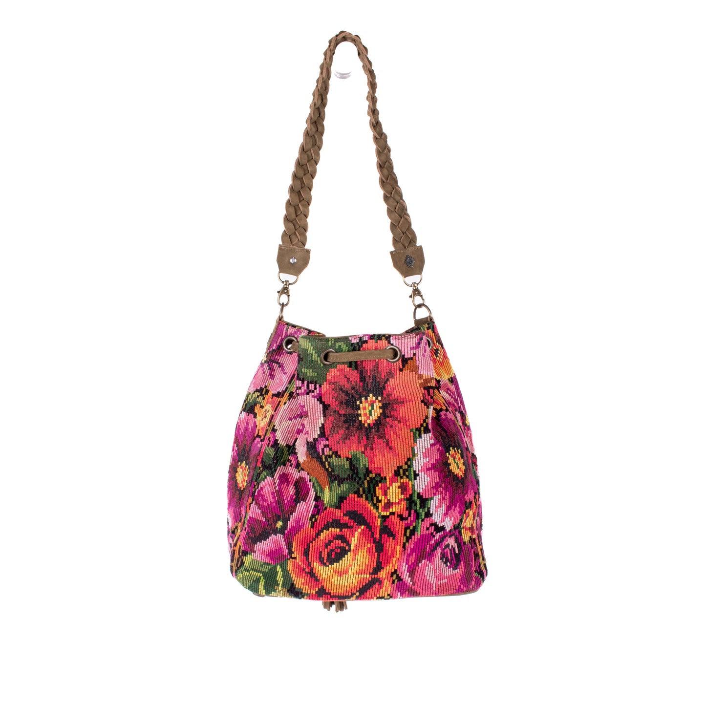 DRAWSTRING BUCKET BAG - OOAK HUIPIL - VERDE OLIVO - NO. 18023