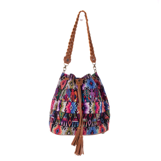 DRAWSTRING BUCKET BAG - OOAK HUIPIL - CAFE - NO. 19309