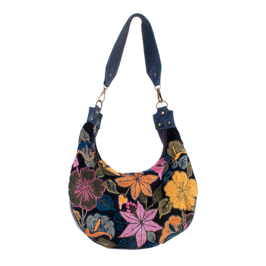 BOHO SADDLE BAG - H&S EMBROIDERED FLORAL - NAVY - NO. 200561