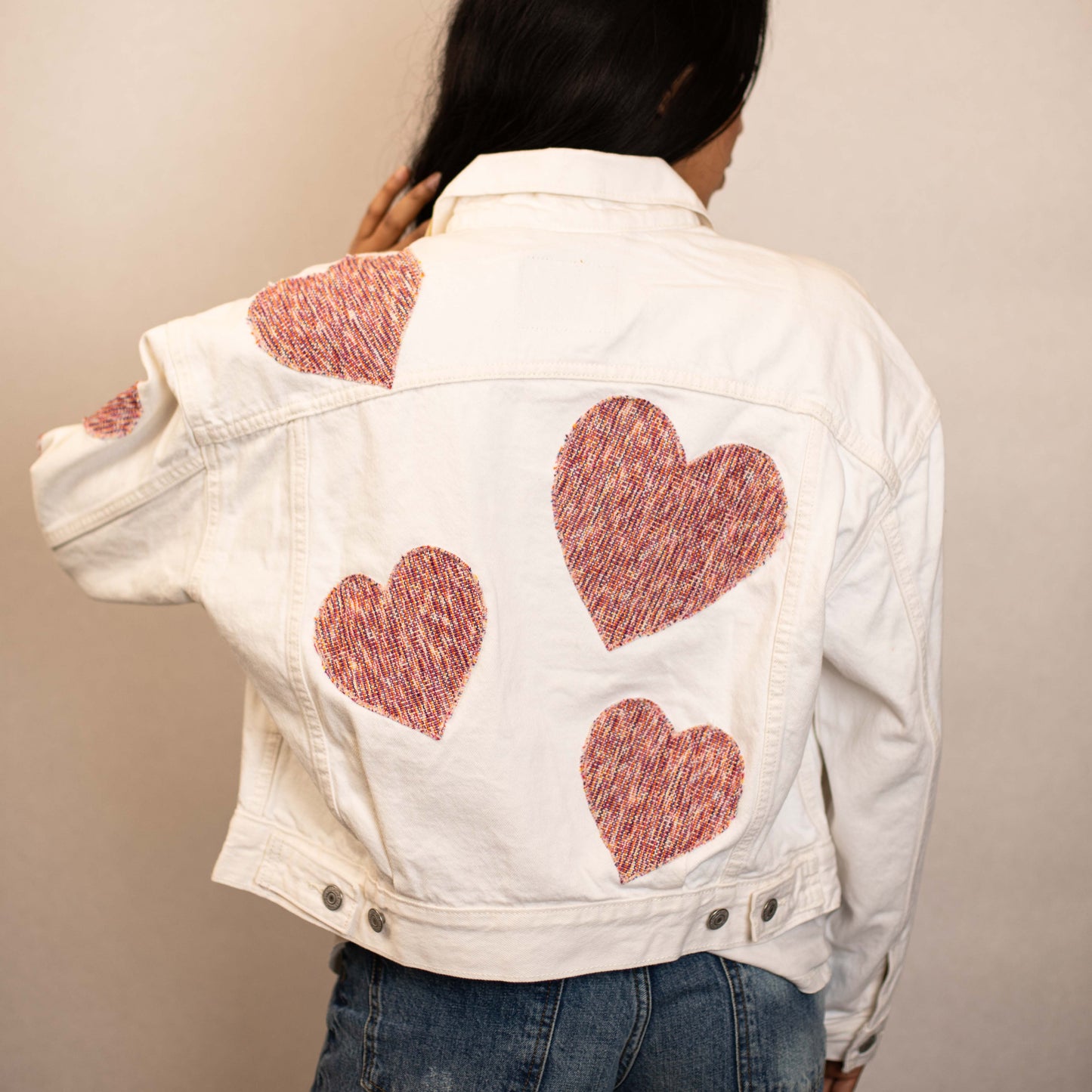 EMBROIDERED JACKET - WHITE DENIM - RED ARTISAN HEARTS