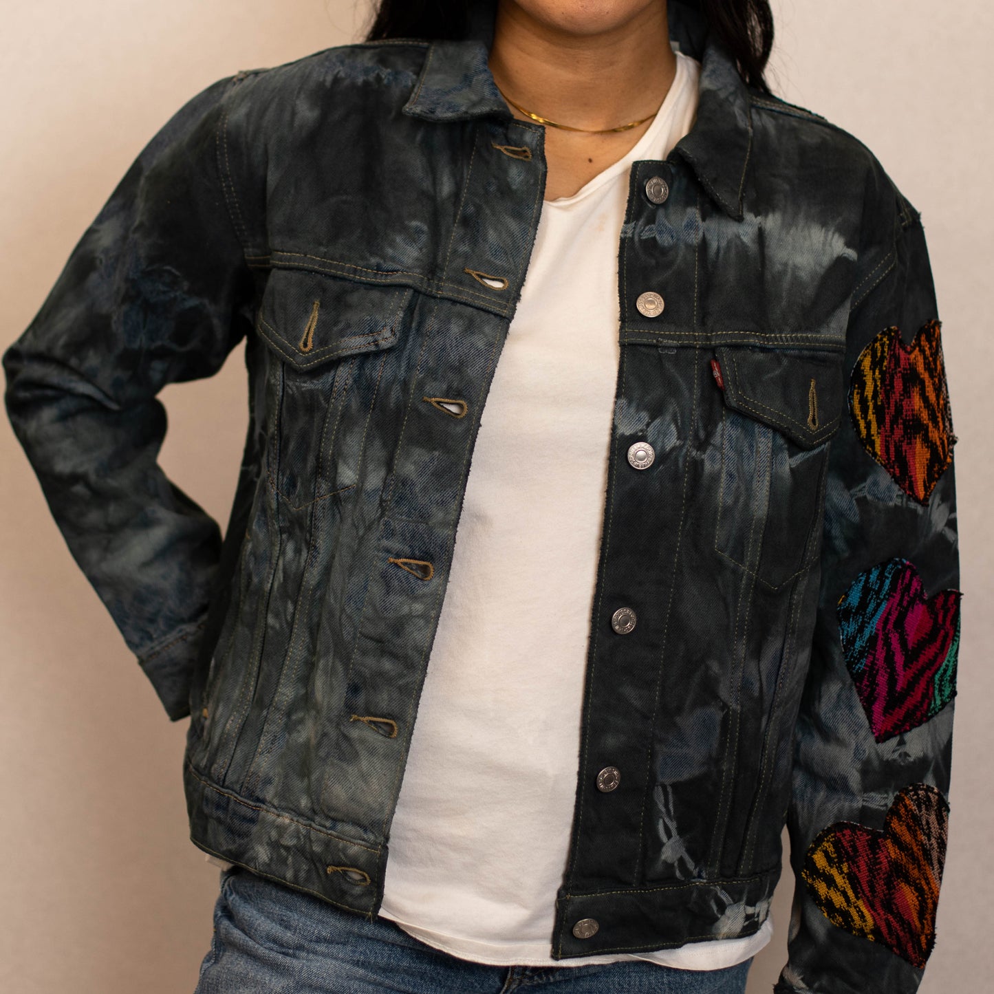 TIE DYED DENIM JACKET - INDIGO - MULTI HEARTS