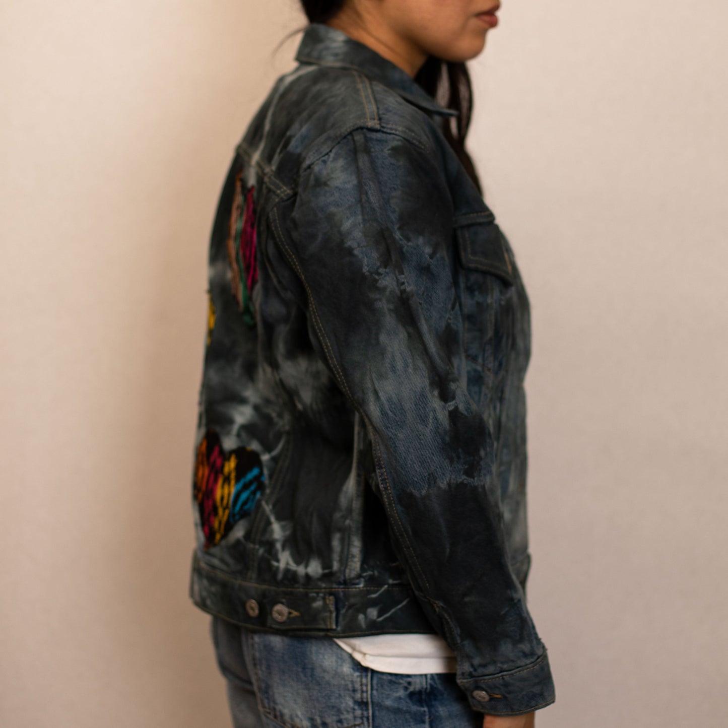 TIE DYED DENIM JACKET - INDIGO - MULTI HEARTS