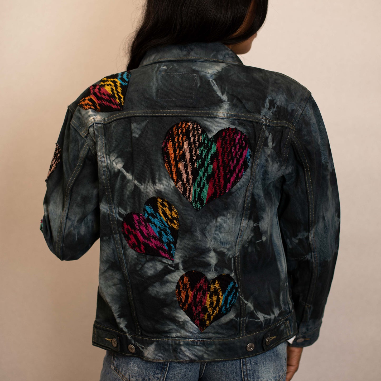 TIE DYED DENIM JACKET - INDIGO - MULTI HEARTS