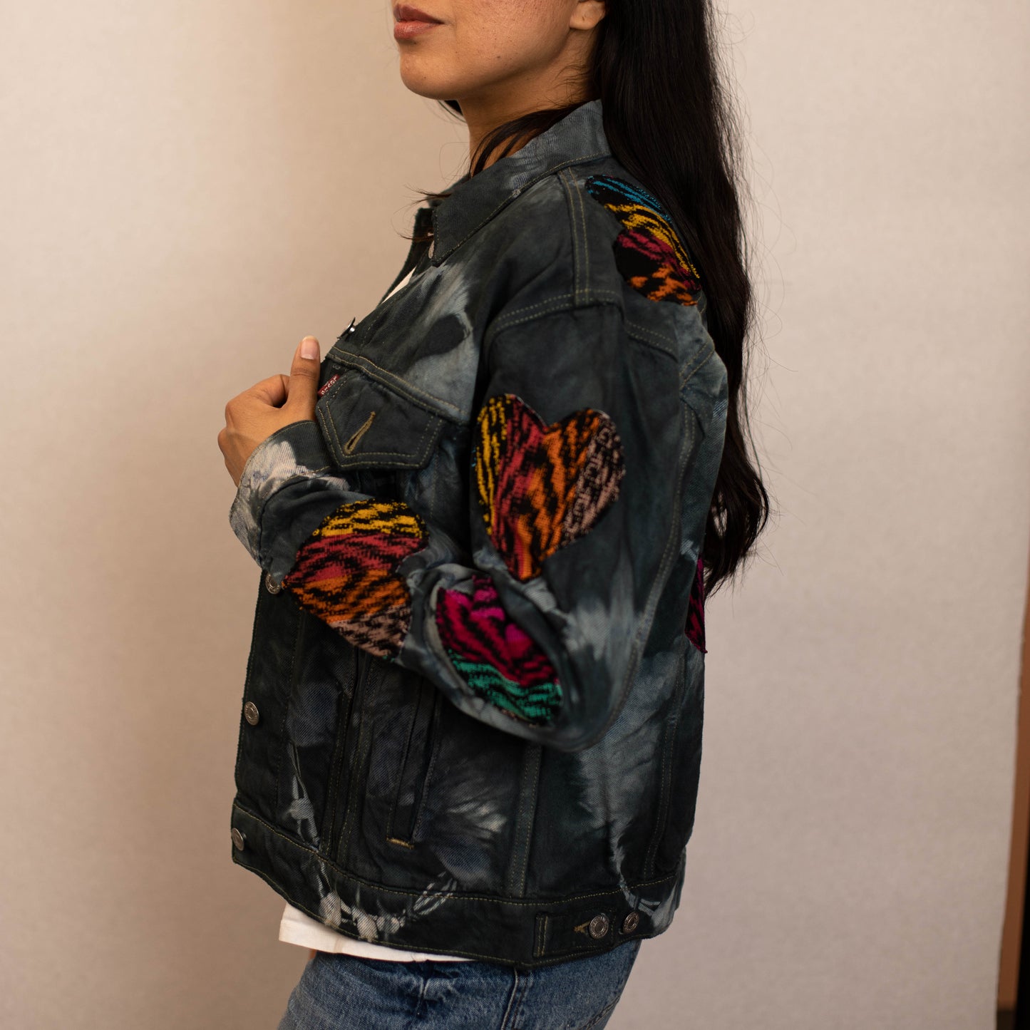 TIE DYED DENIM JACKET - INDIGO - MULTI HEARTS