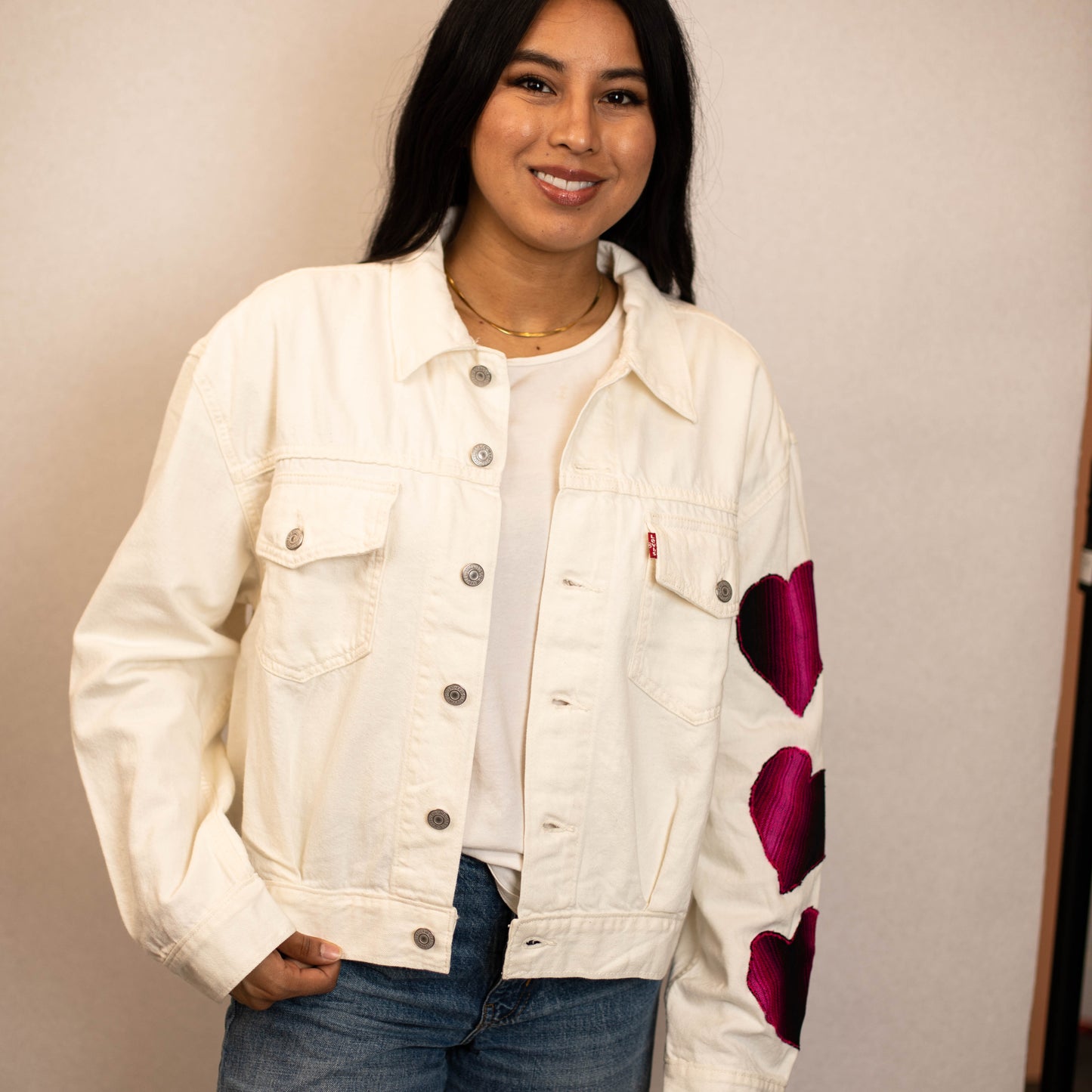 EMBROIDERED JACKET - WHITE DENIM - MAGENTA ARTISAN HEARTS