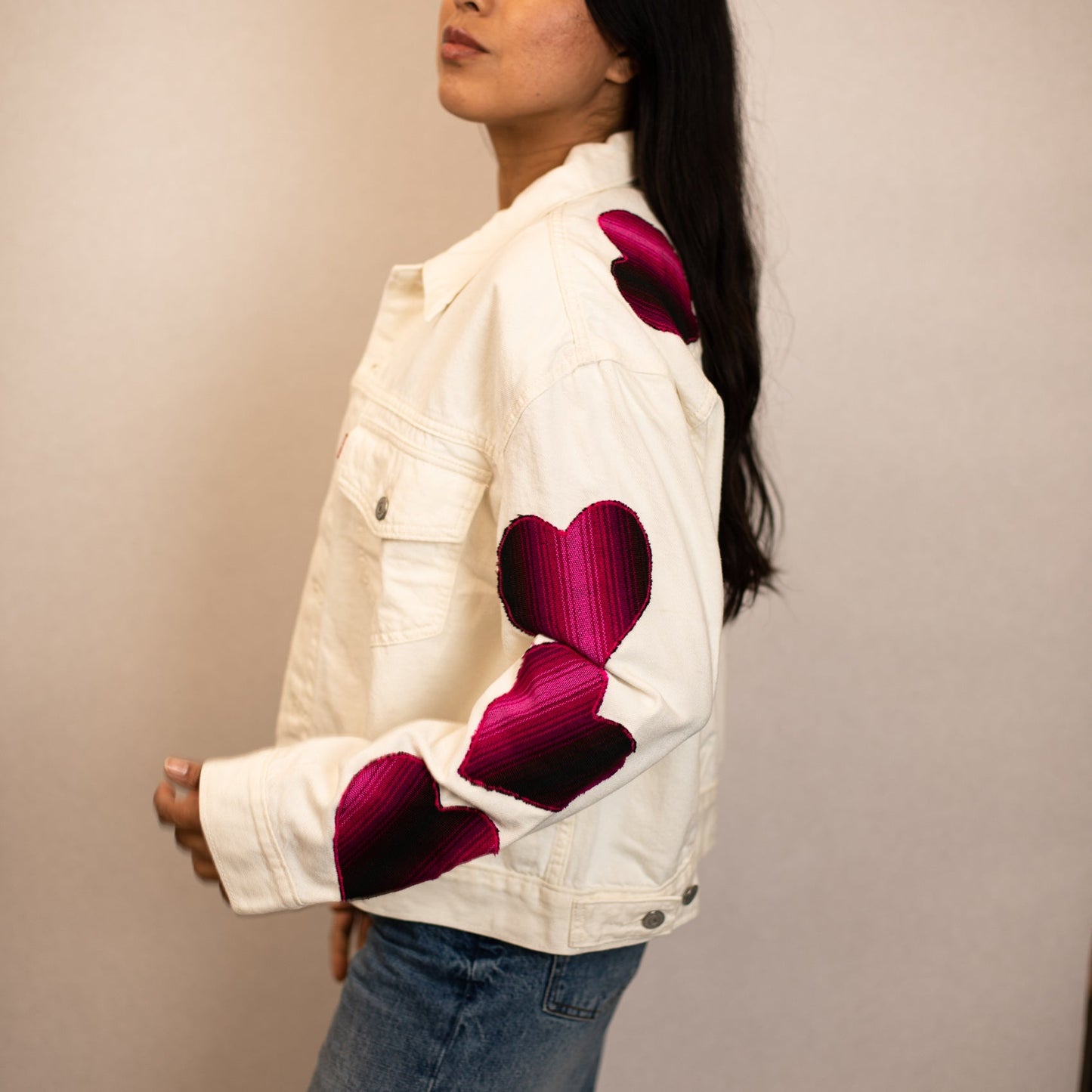 EMBROIDERED JACKET - WHITE DENIM - MAGENTA ARTISAN HEARTS