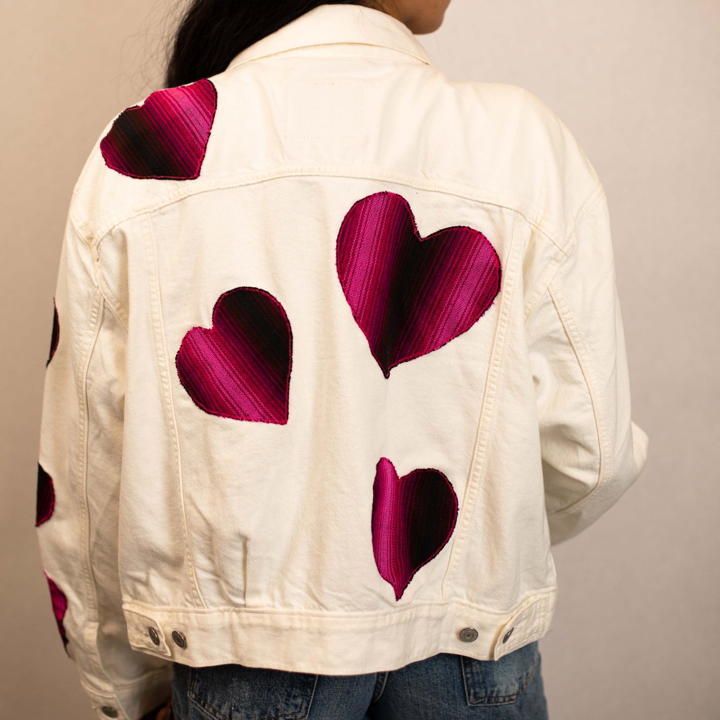 EMBROIDERED JACKET - WHITE DENIM - MAGENTA ARTISAN HEARTS