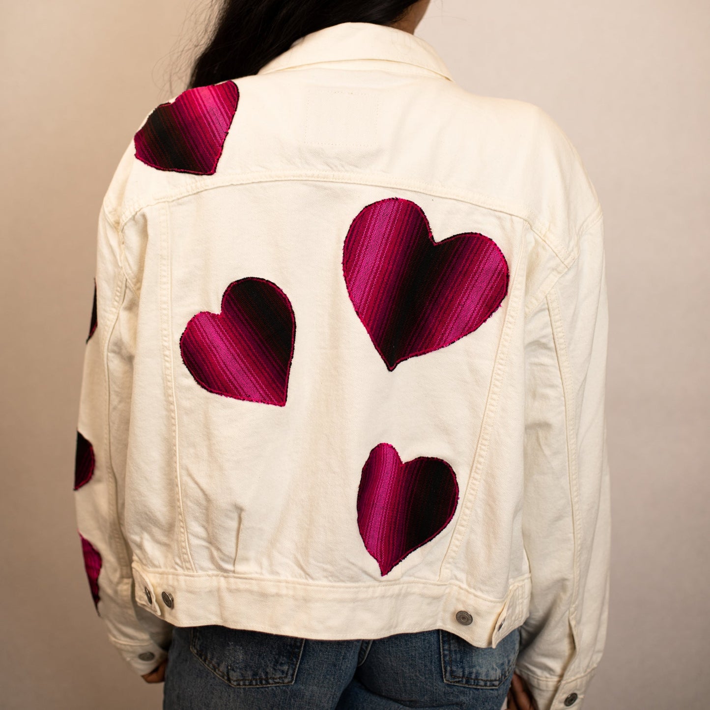 EMBROIDERED JACKET - WHITE DENIM - MAGENTA ARTISAN HEARTS